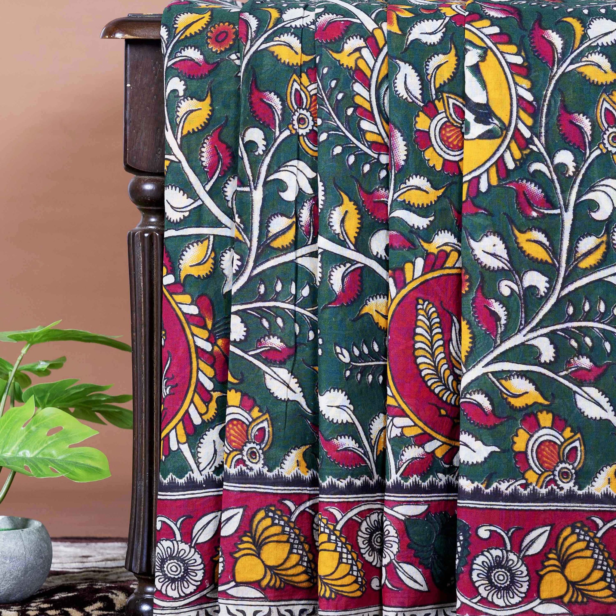 Traditional Handloom Kalamkari Cotton Saree with Allover Floral Prints and Detailed Border - Dark Green