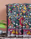 Traditional Handloom Kalamkari Cotton Saree with Allover Floral Prints and Detailed Border - Dark Green