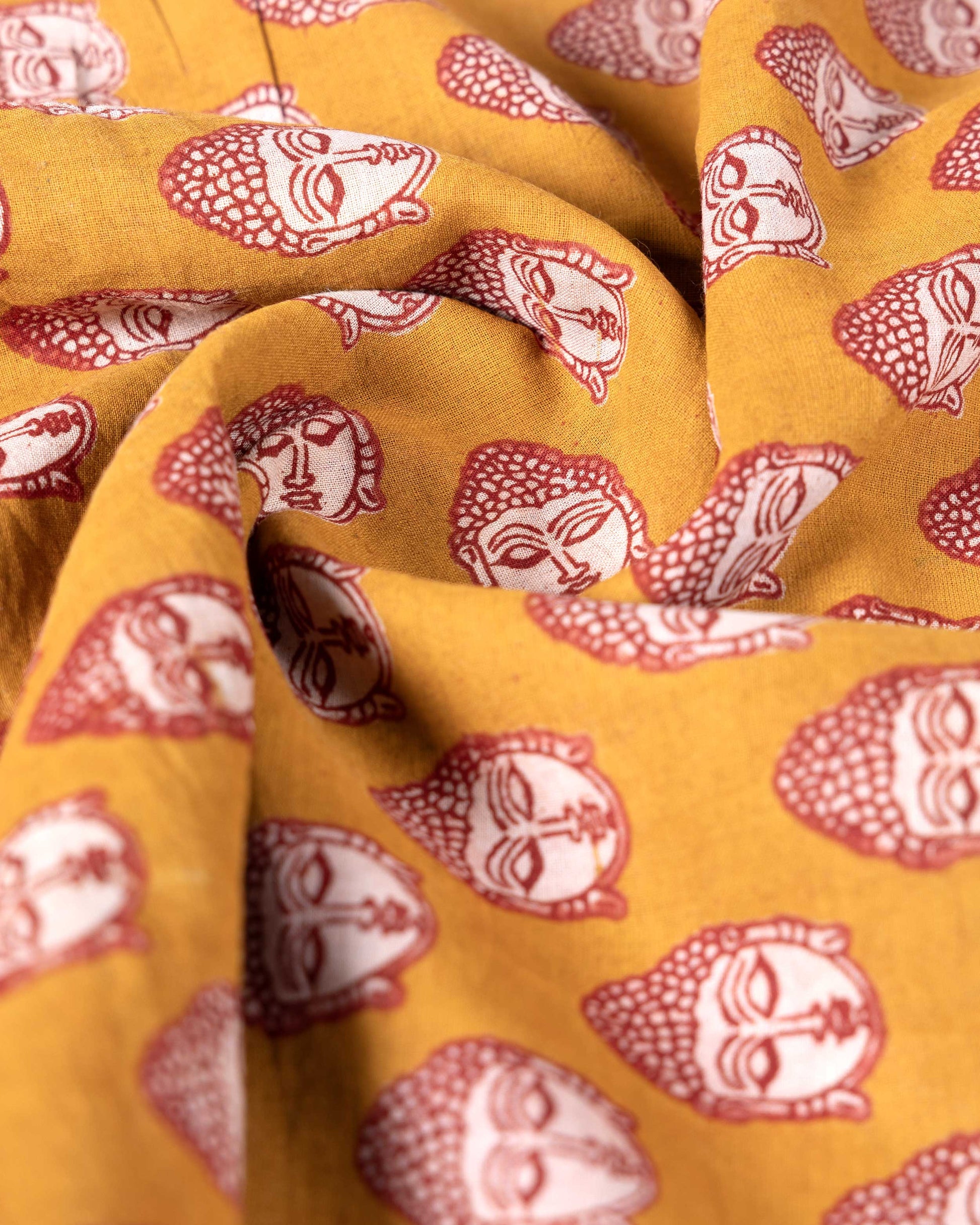 Traditional Handloom Kalamkari Cotton Saree with Buddha Motif Print and Traditional Border - Mustard