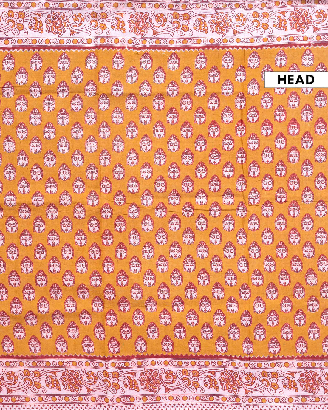 Traditional Handloom Kalamkari Cotton Saree with Buddha Motif Print and Traditional Border - Mustard