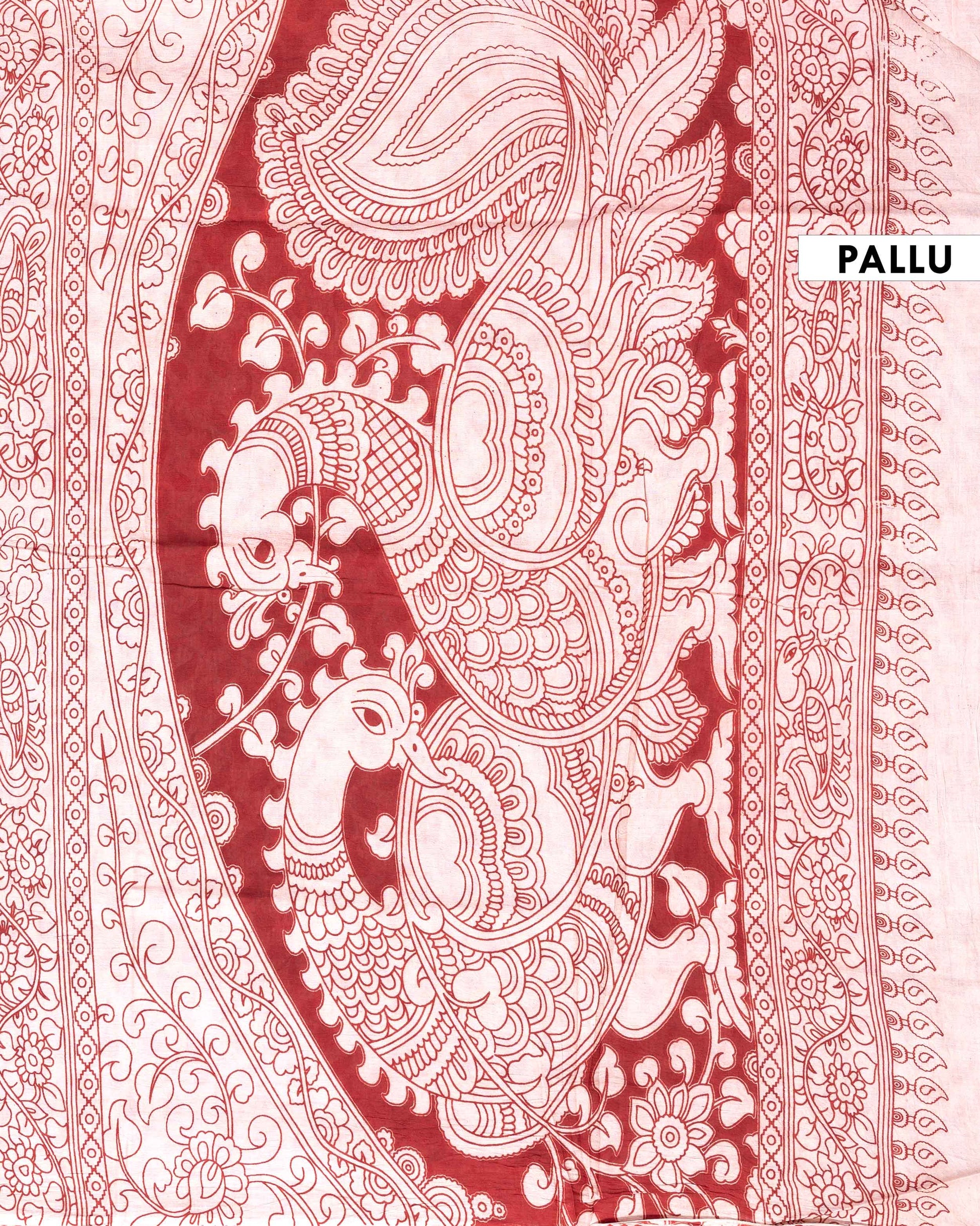 Traditional Handloom Kalamkari Cotton Saree with Buddha Motif Print and Traditional Border - Mustard