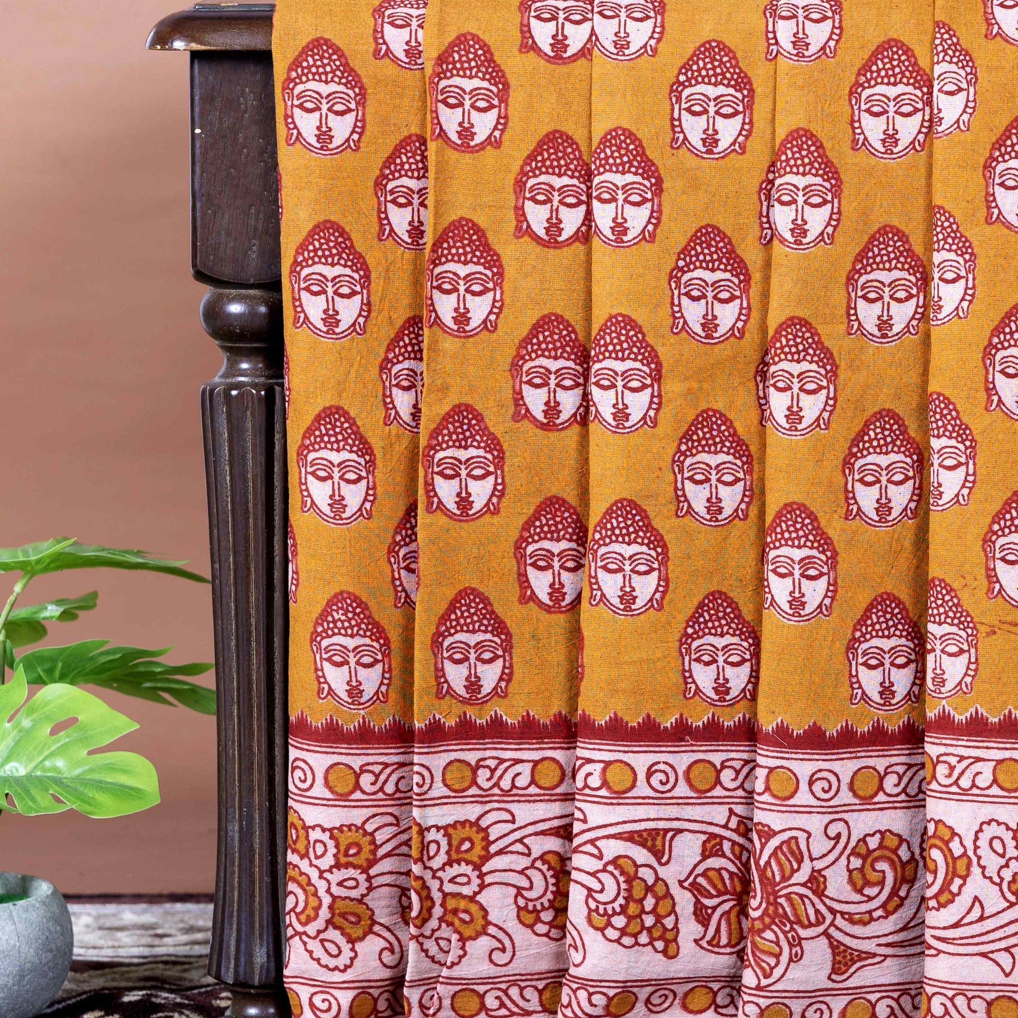 Traditional Handloom Kalamkari Cotton Saree with Buddha Motif Print and Traditional Border - Mustard