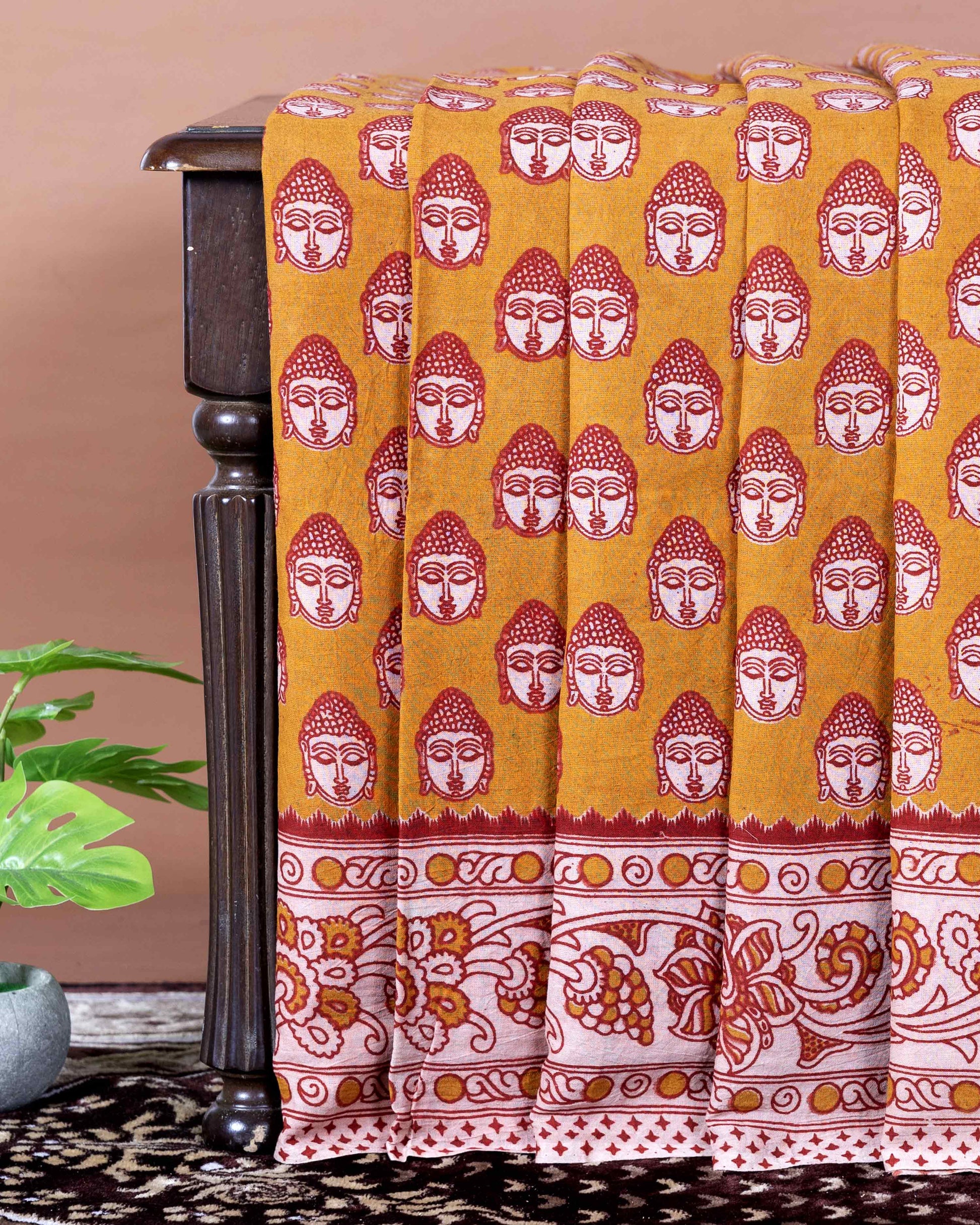 Traditional Handloom Kalamkari Cotton Saree with Buddha Motif Print and Traditional Border - Mustard