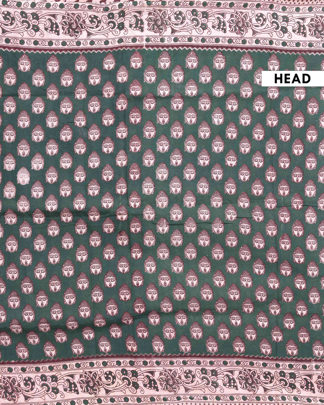 Traditional Handloom Kalamkari Cotton Saree with Buddha Motif and Elaborate Floral Border - Dark Green