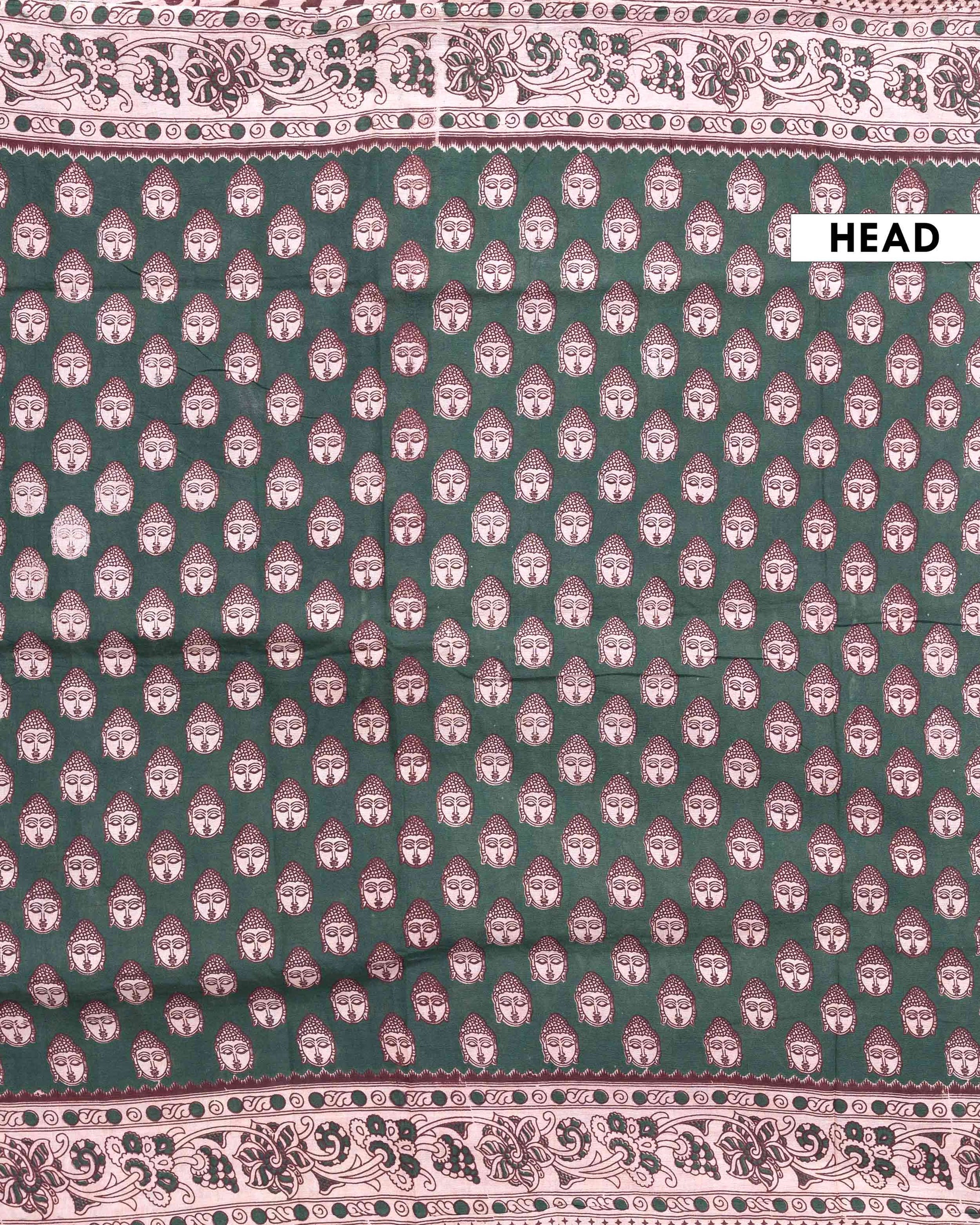 Traditional Handloom Kalamkari Cotton Saree with Buddha Motif and Elaborate Floral Border - Dark Green