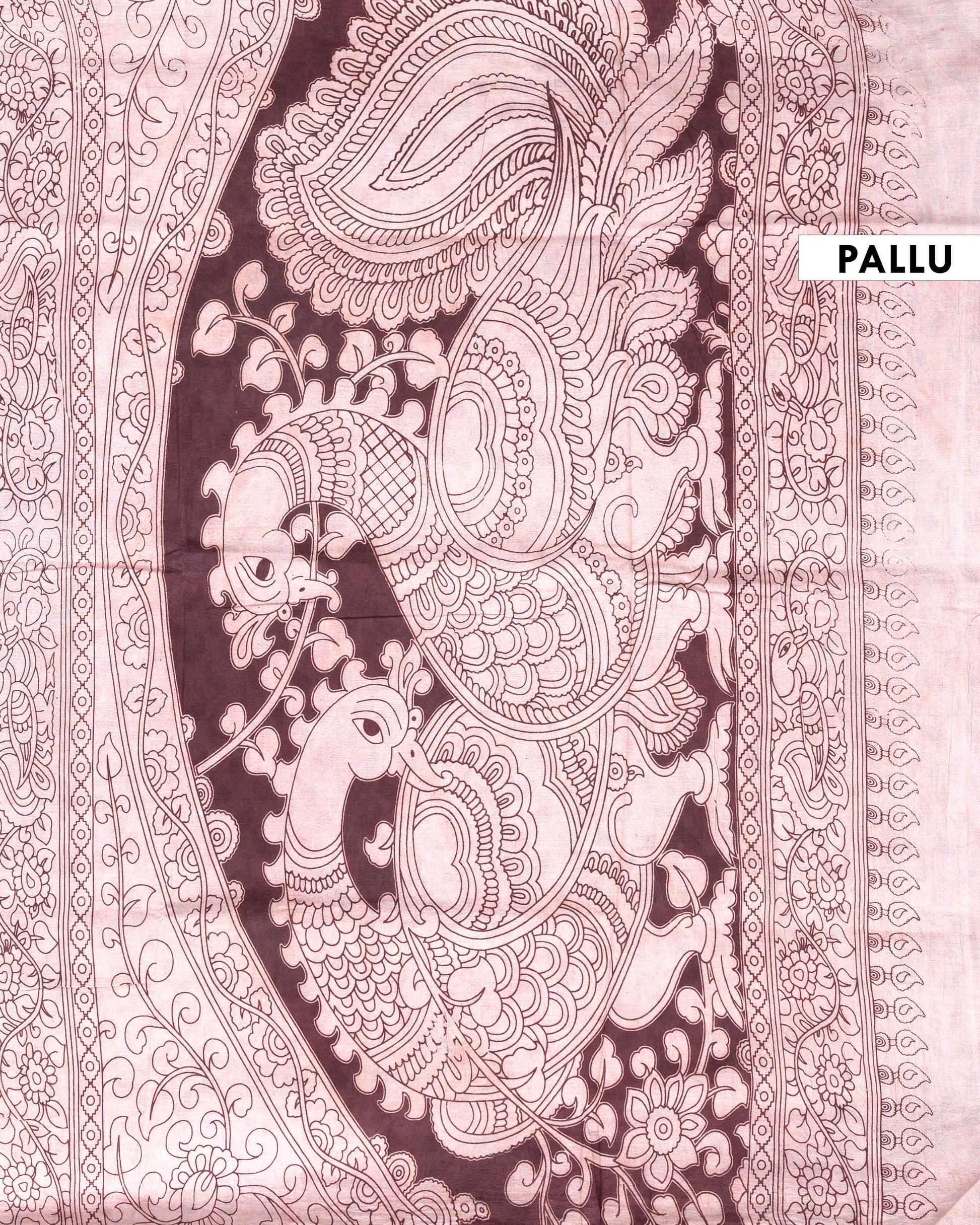 Traditional Handloom Kalamkari Cotton Saree with Buddha Motif and Elaborate Floral Border - Dark Green