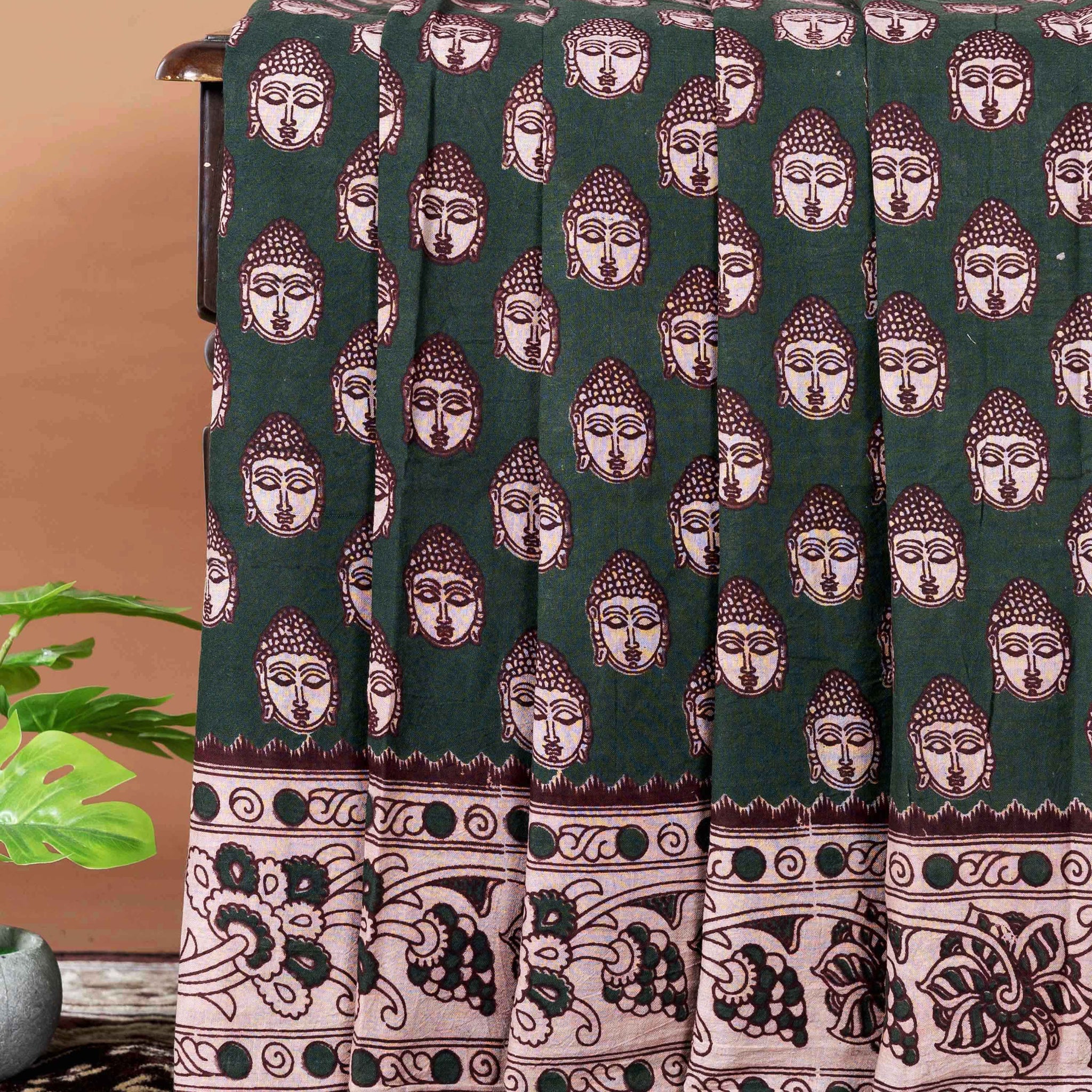 Traditional Handloom Kalamkari Cotton Saree with Buddha Motif and Elaborate Floral Border - Dark Green