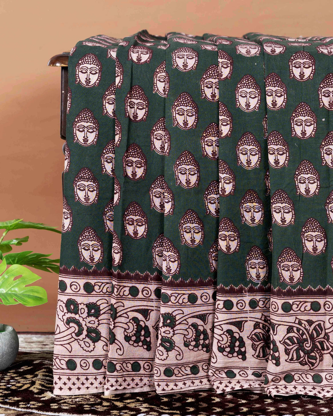 Traditional Handloom Kalamkari Cotton Saree with Buddha Motif and Elaborate Floral Border - Dark Green