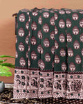 Traditional Handloom Kalamkari Cotton Saree with Buddha Motif and Elaborate Floral Border - Dark Green