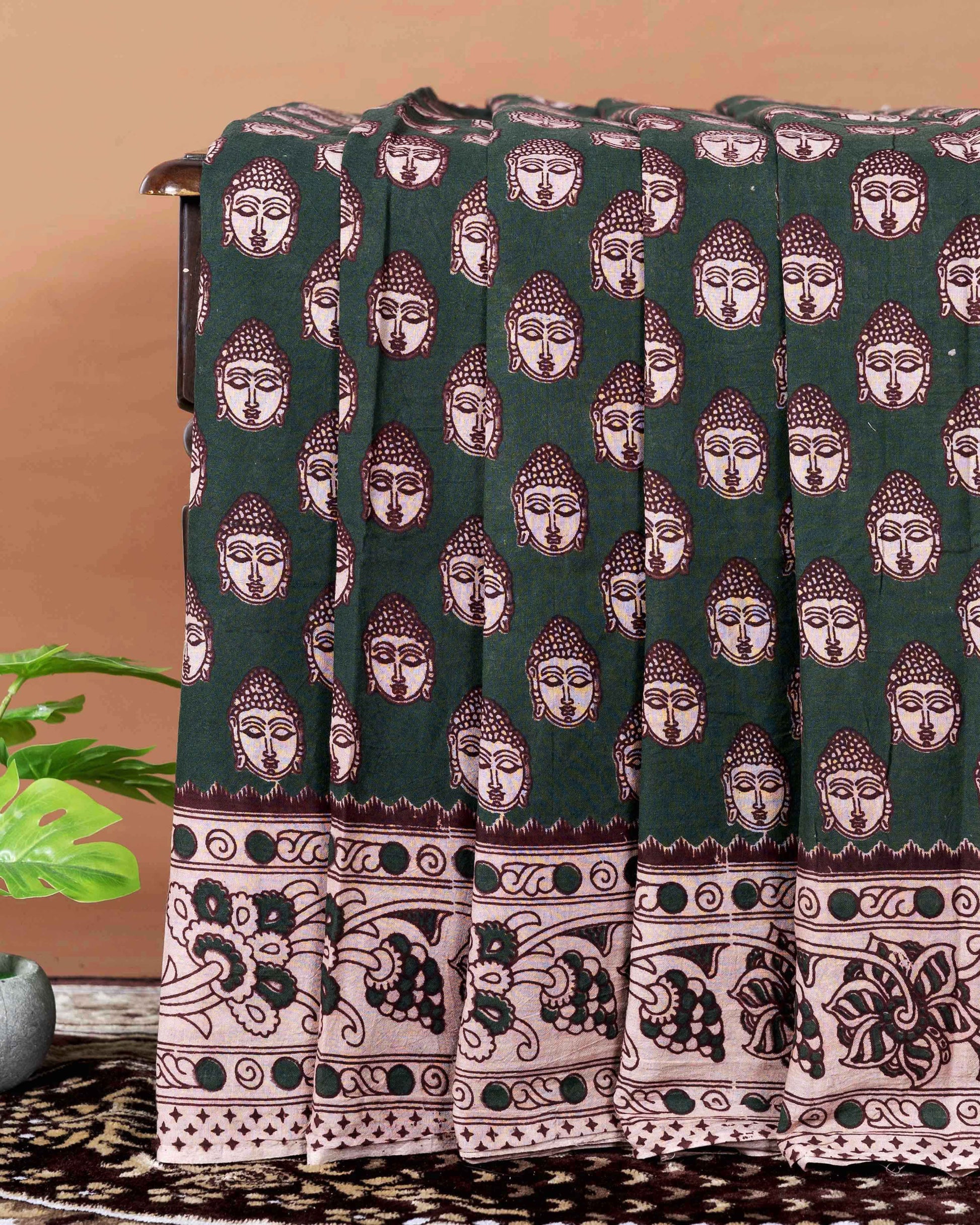 Traditional Handloom Kalamkari Cotton Saree with Buddha Motif and Elaborate Floral Border - Dark Green