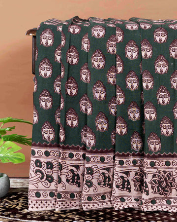 Traditional Handloom Kalamkari Cotton Saree with Buddha Motif and Elaborate Floral Border - Dark Green