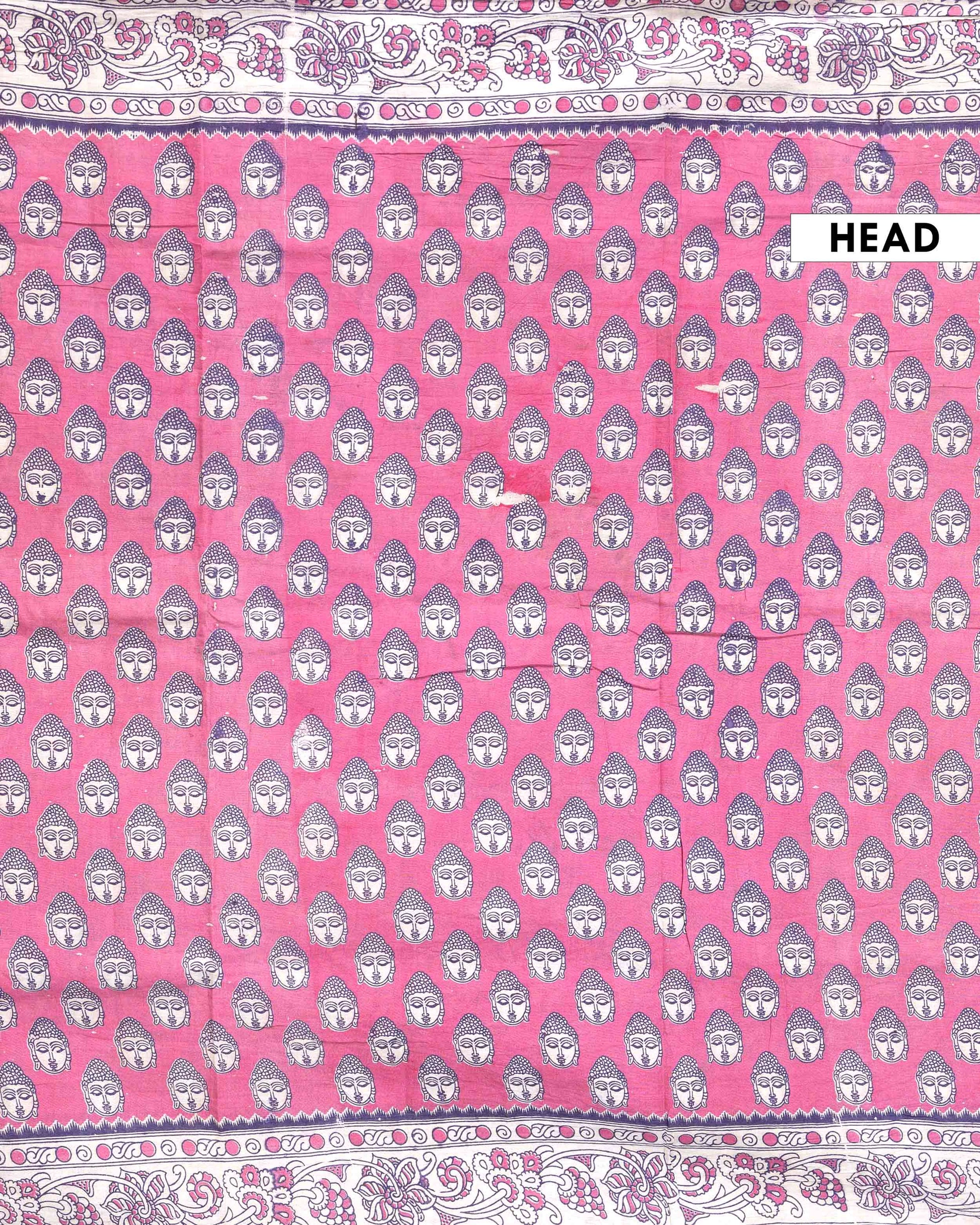 Traditional Handloom Kalamkari Cotton Saree with Buddha Motif and Elaborate Floral Border - Pink