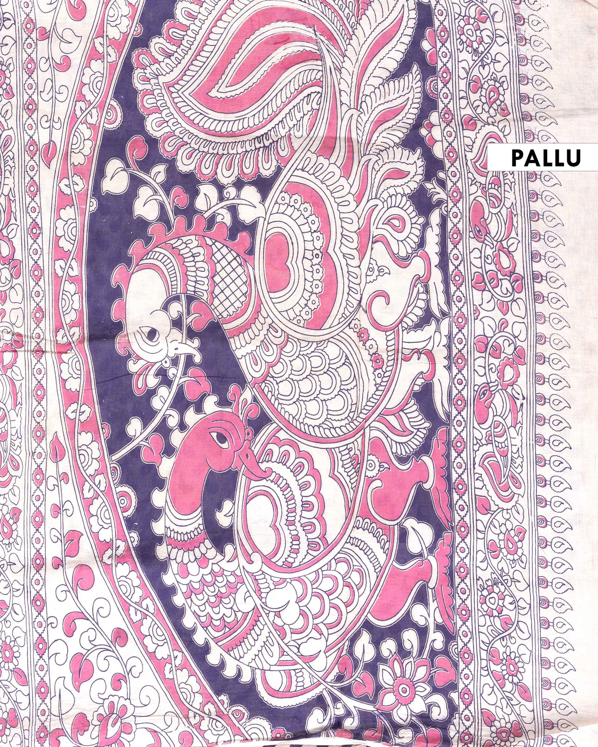 Traditional Handloom Kalamkari Cotton Saree with Buddha Motif and Elaborate Floral Border - Pink