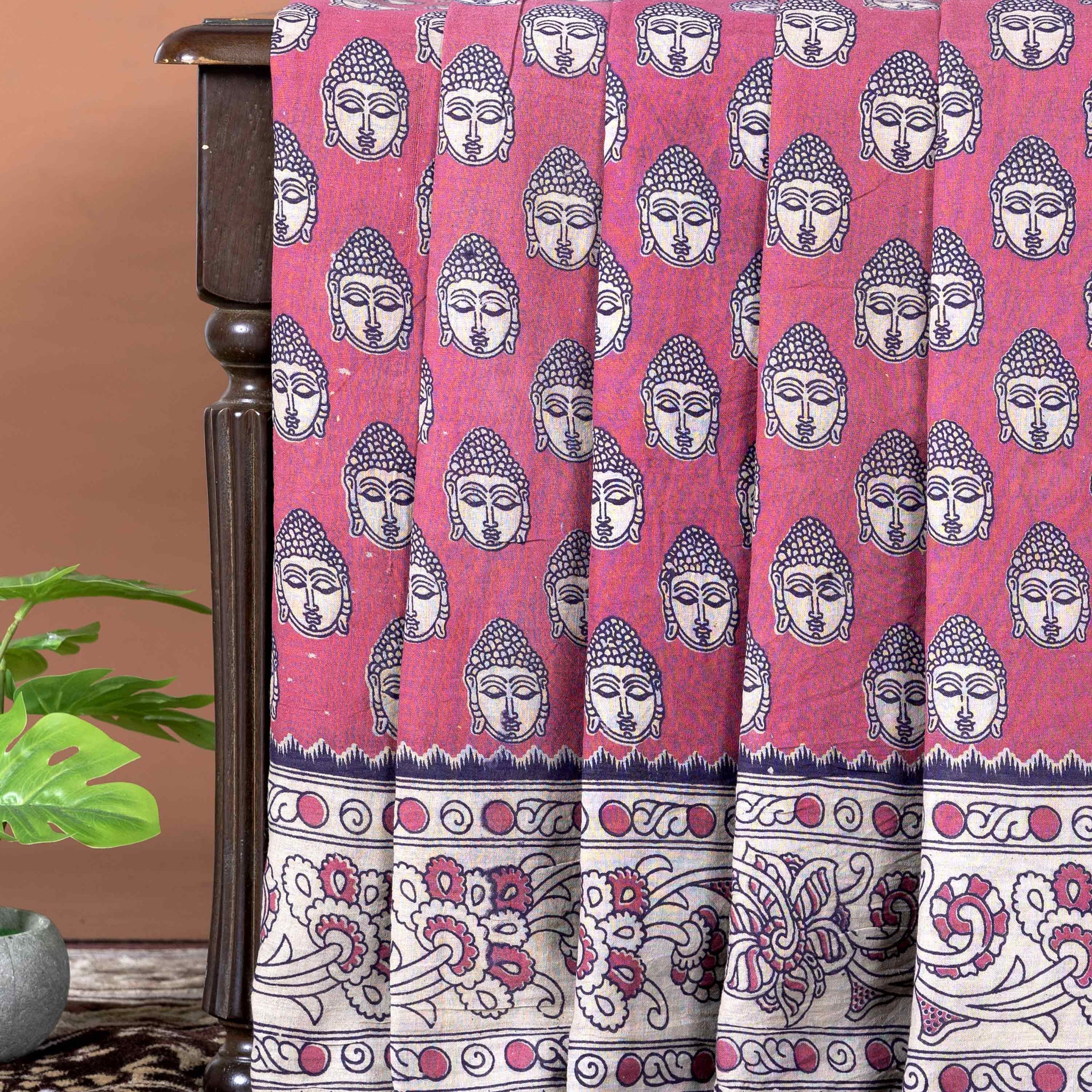 Traditional Handloom Kalamkari Cotton Saree with Buddha Motif and Elaborate Floral Border - Pink
