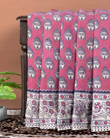 Traditional Handloom Kalamkari Cotton Saree with Buddha Motif and Elaborate Floral Border - Pink