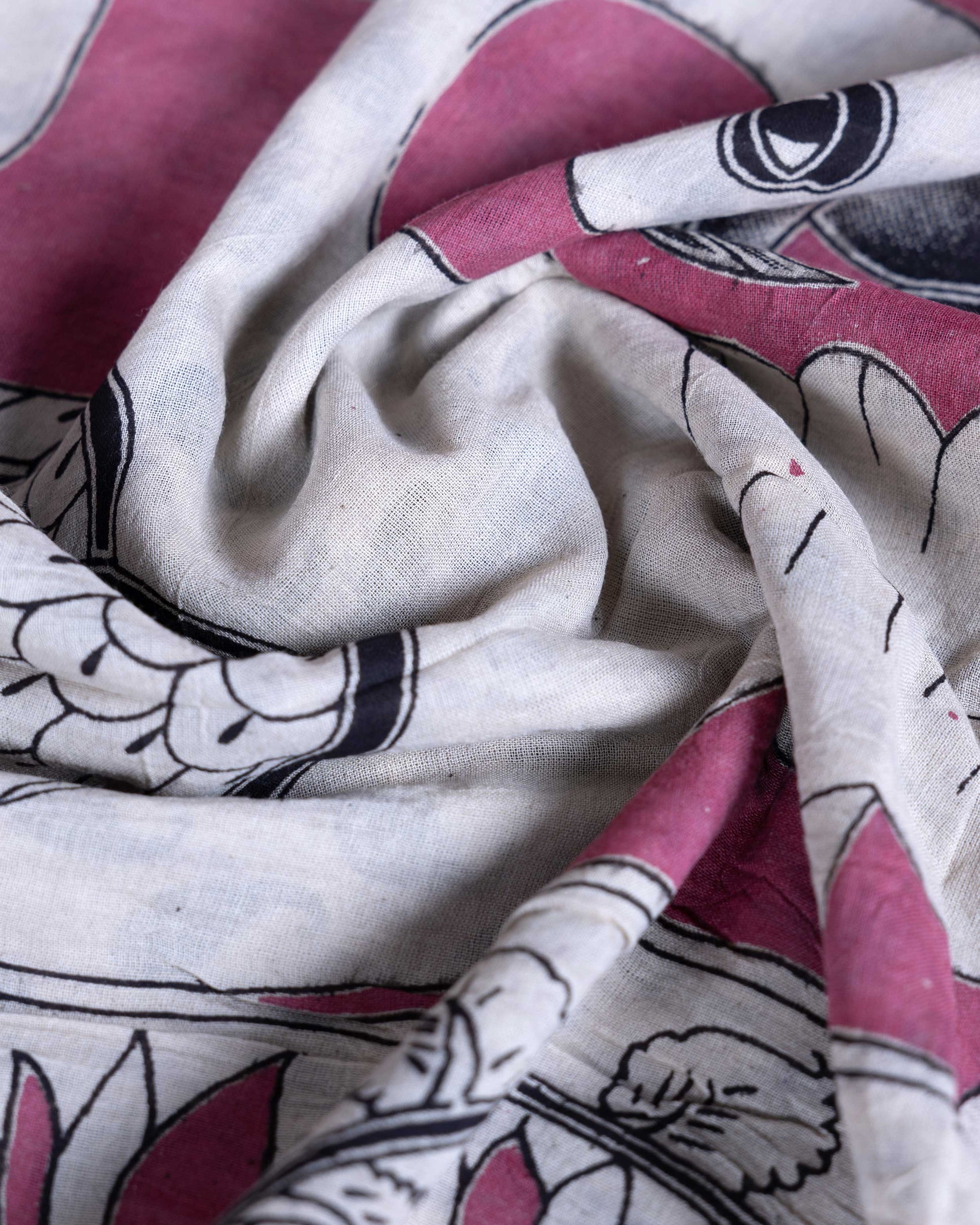 Traditional Handloom Kalamkari Cotton Saree with Cow Design and Detailed Floral Border - Pink