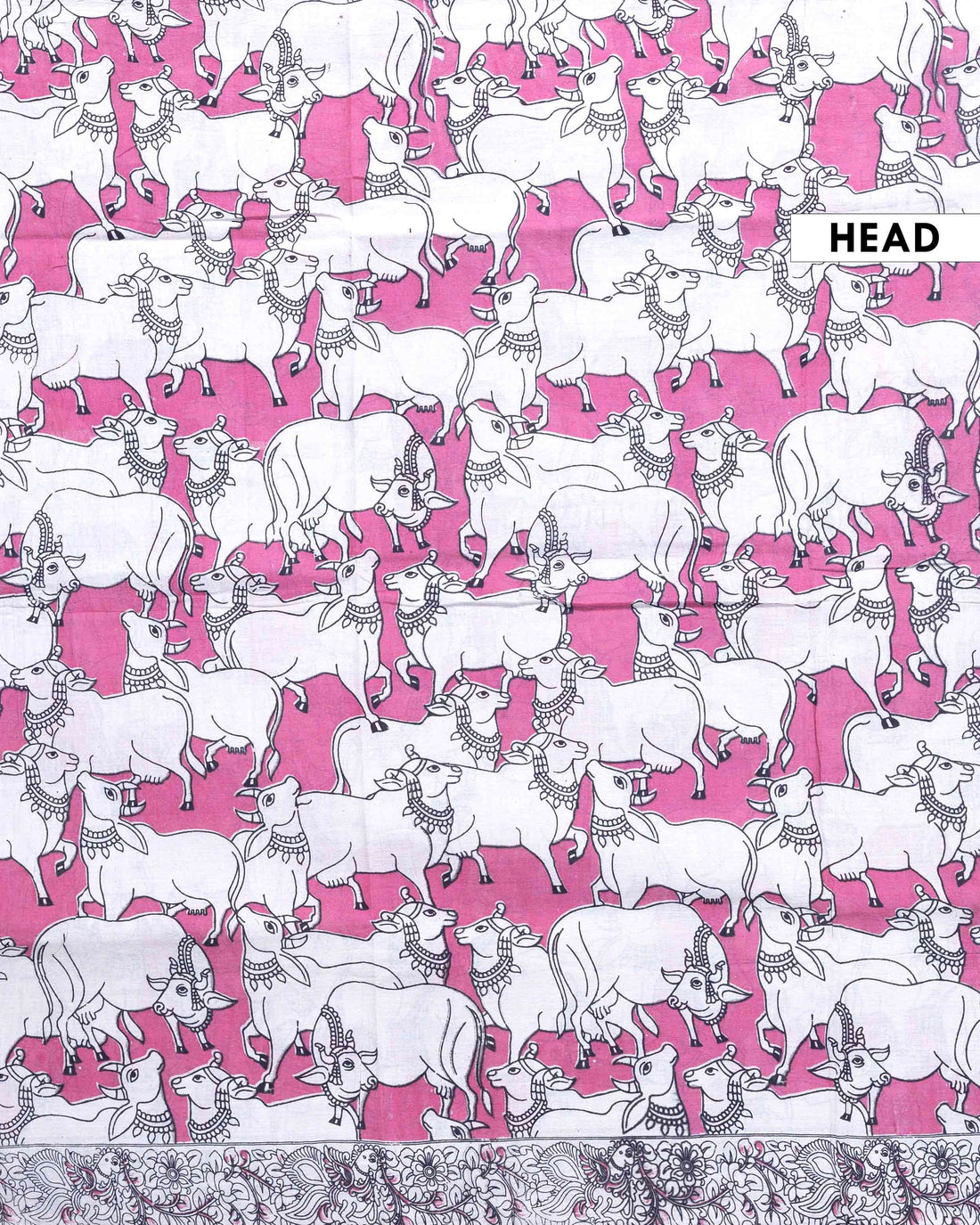 Traditional Handloom Kalamkari Cotton Saree with Cow Design and Detailed Floral Border - Pink