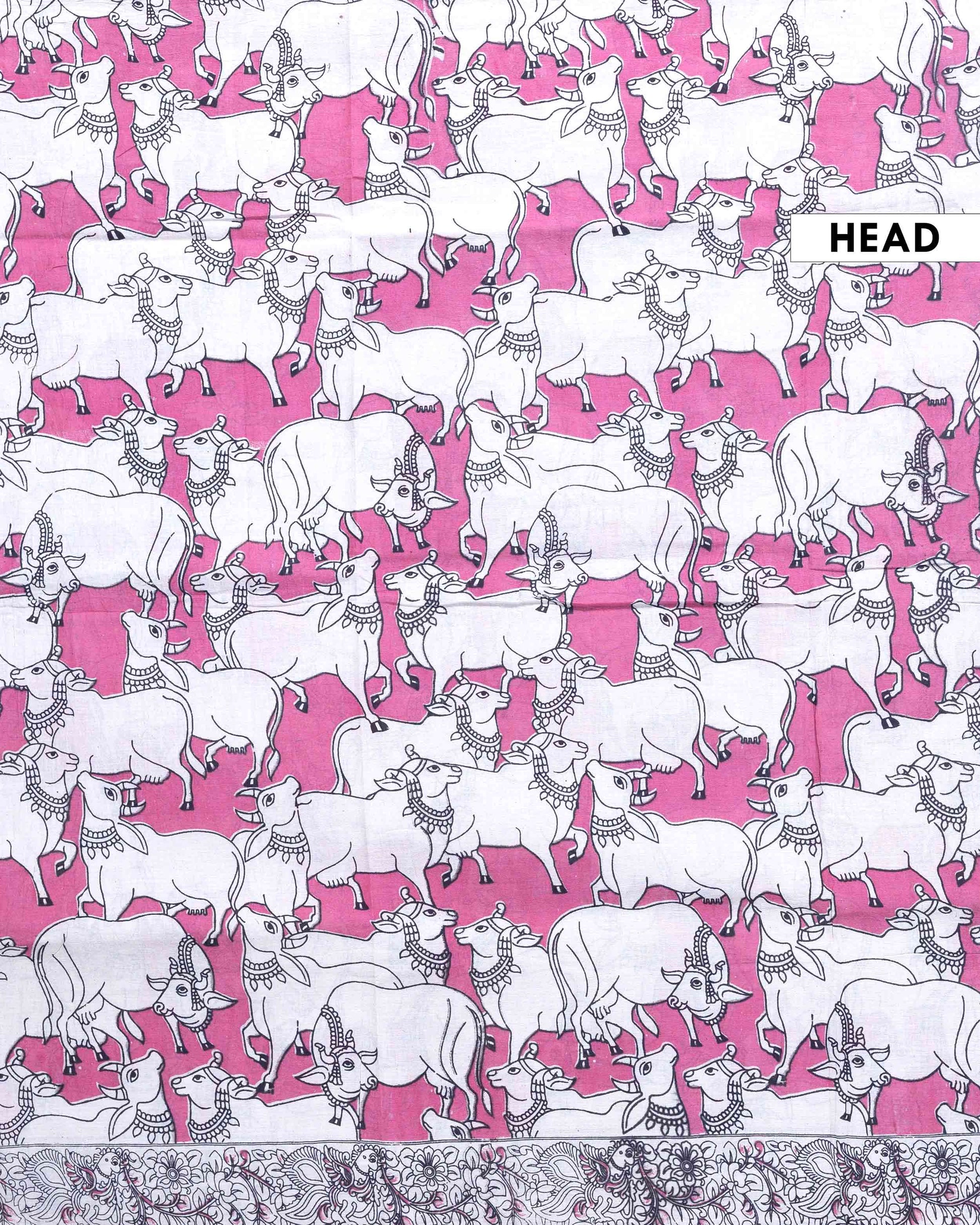 Traditional Handloom Kalamkari Cotton Saree with Cow Design and Detailed Floral Border - Pink