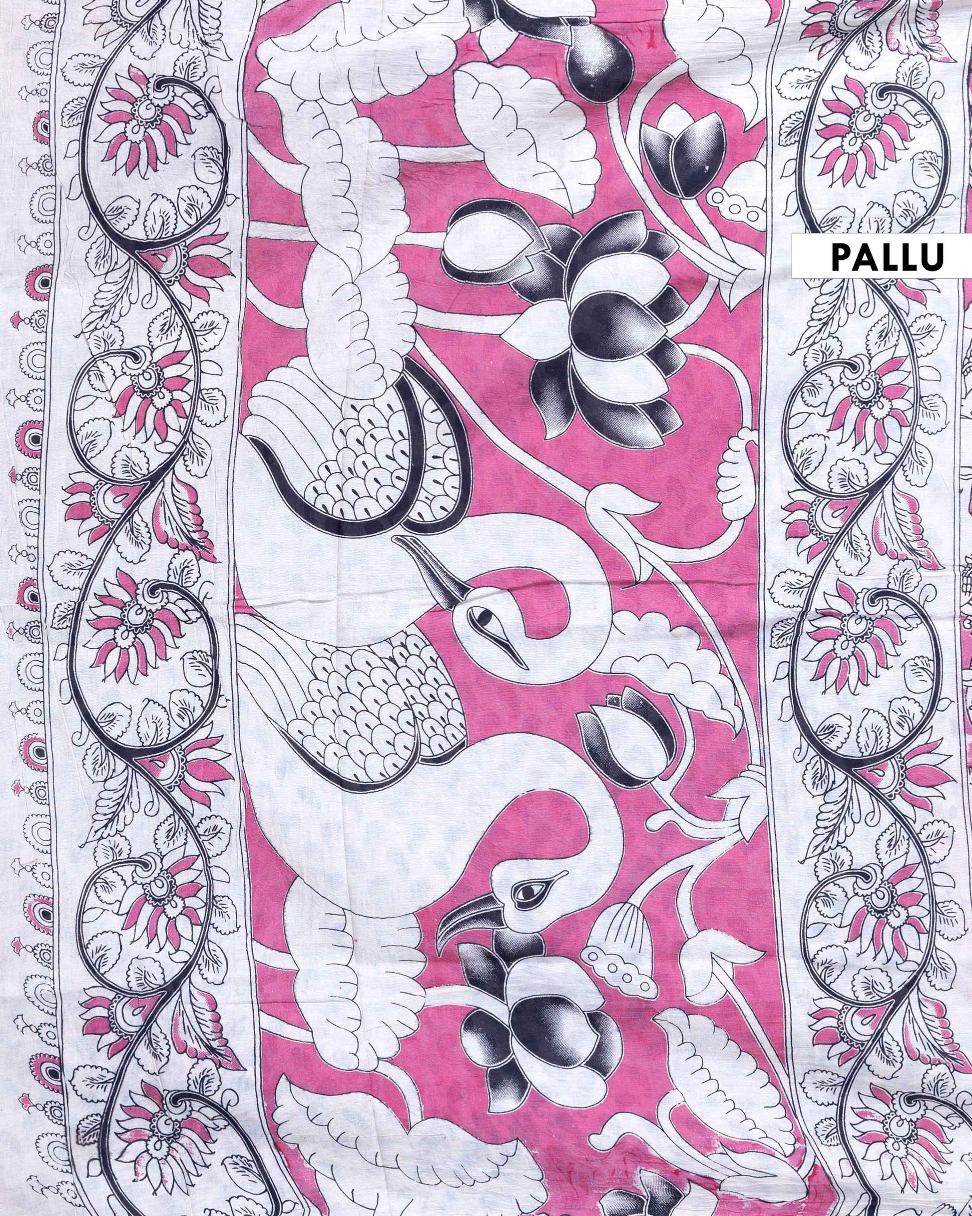 Traditional Handloom Kalamkari Cotton Saree with Cow Design and Detailed Floral Border - Pink