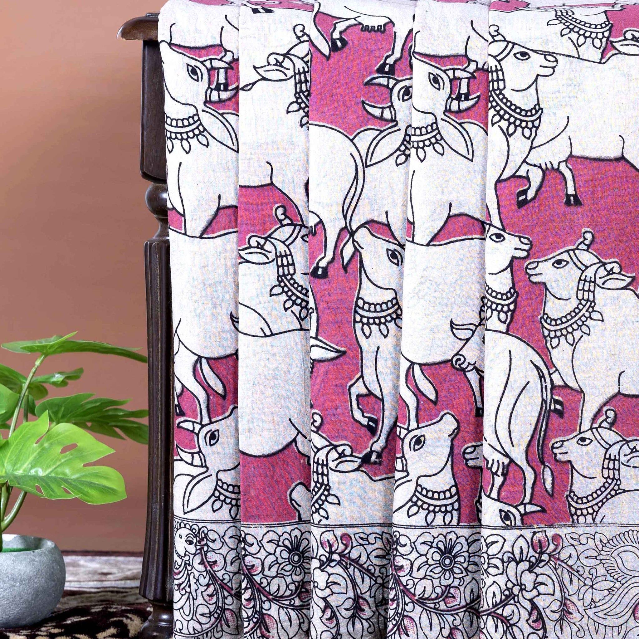Traditional Handloom Kalamkari Cotton Saree with Cow Design and Detailed Floral Border - Pink