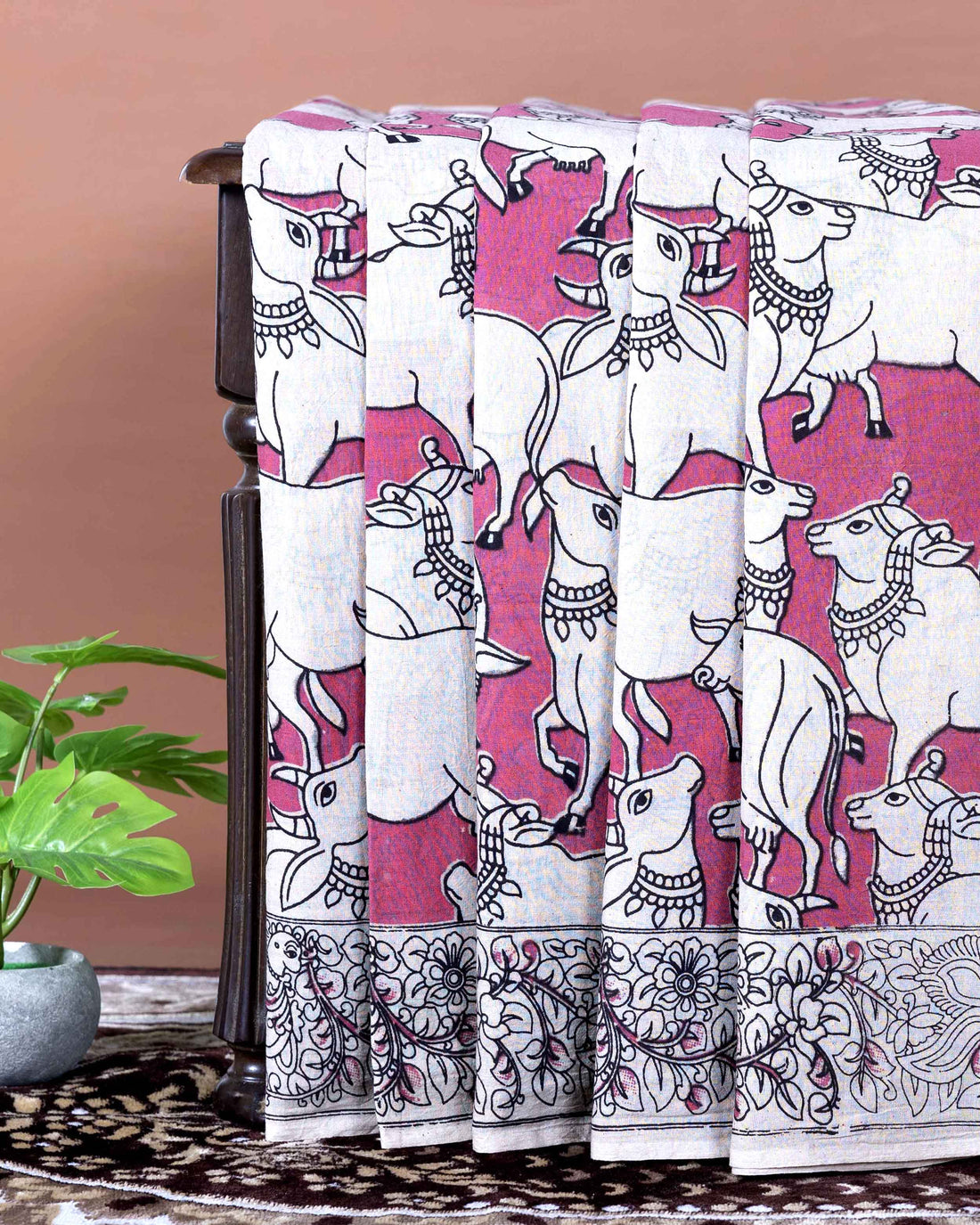 Traditional Handloom Kalamkari Cotton Saree with Cow Design and Detailed Floral Border - Pink