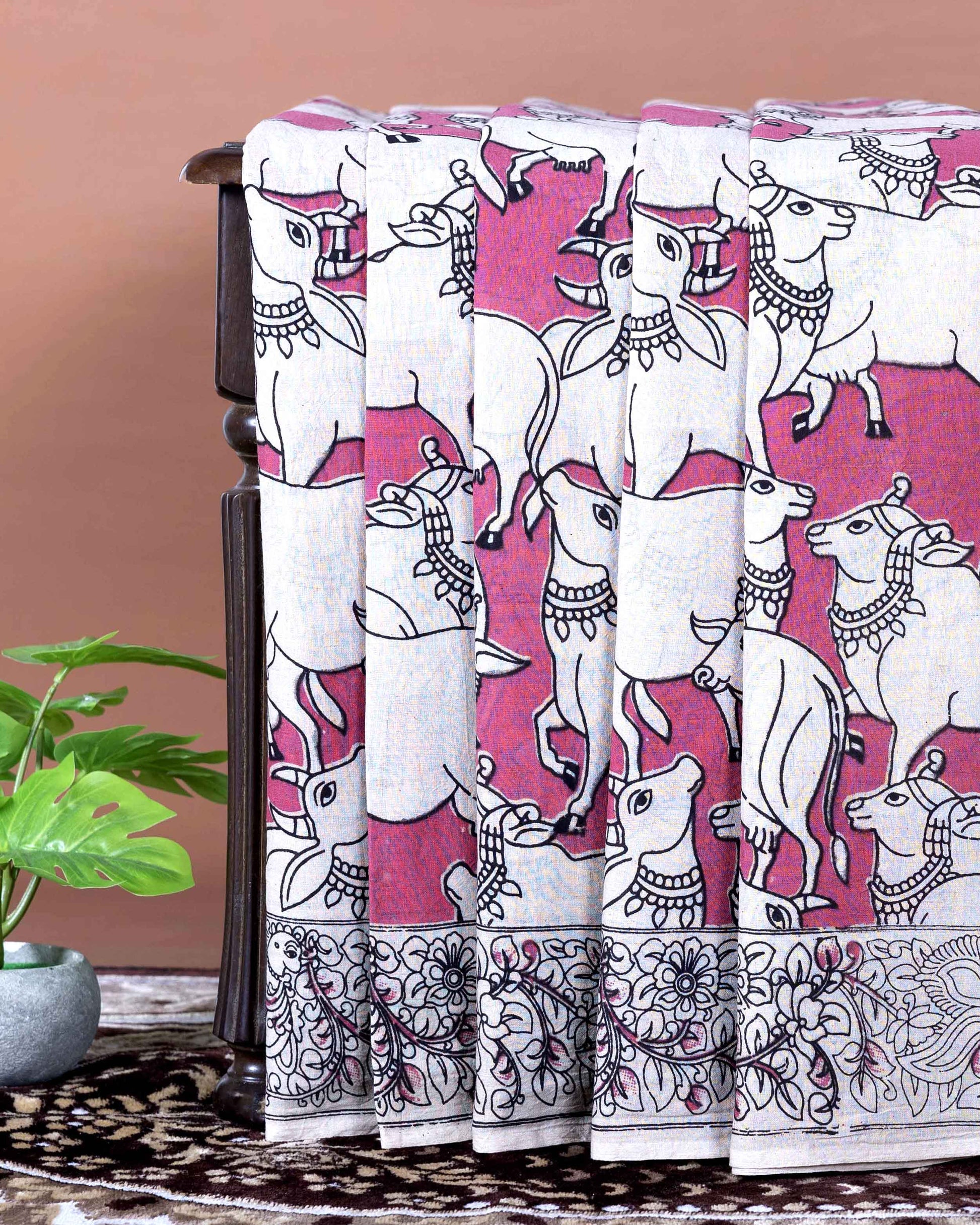 Traditional Handloom Kalamkari Cotton Saree with Cow Design and Detailed Floral Border - Pink