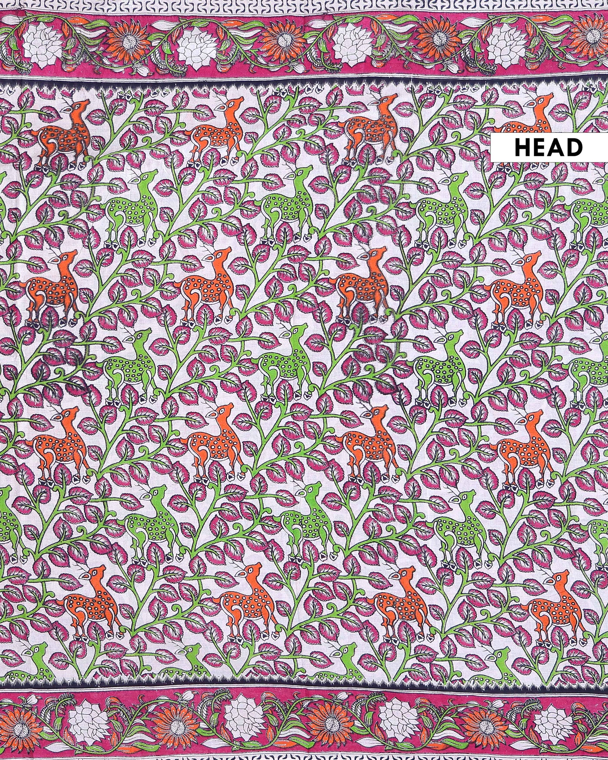 Traditional Handloom Kalamkari Cotton Saree with Deer and Tree of Life Motifs and Floral Border - Off White