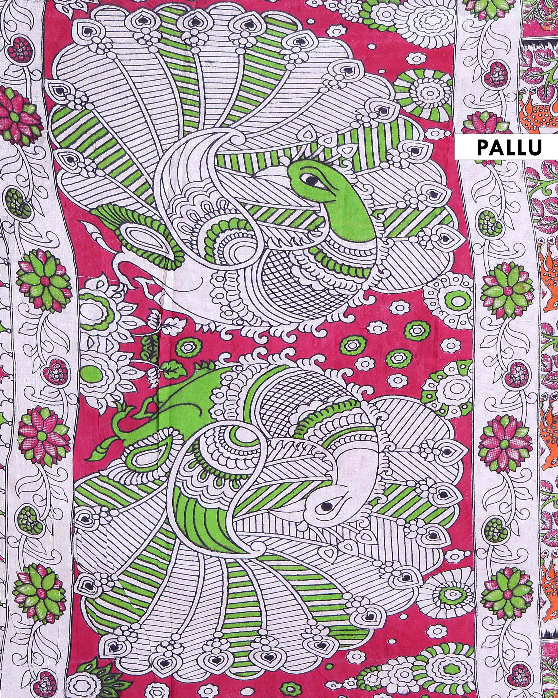 Traditional Handloom Kalamkari Cotton Saree with Deer and Tree of Life Motifs and Floral Border - Off White