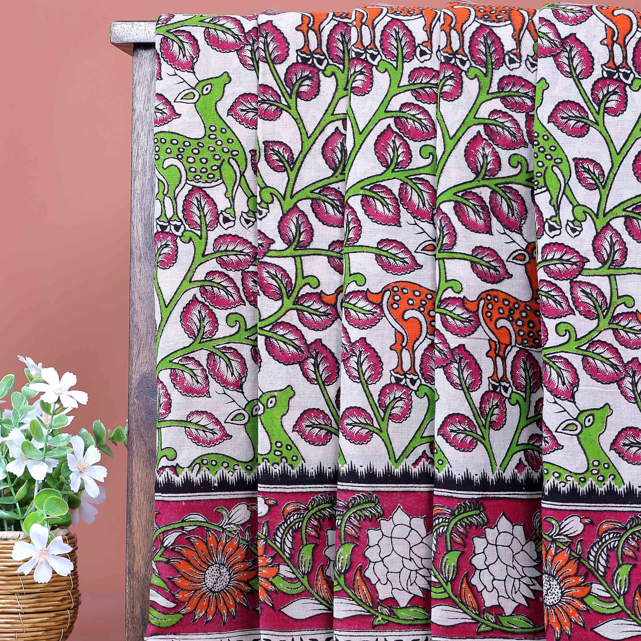 Traditional Handloom Kalamkari Cotton Saree with Deer and Tree of Life Motifs and Floral Border - Off White