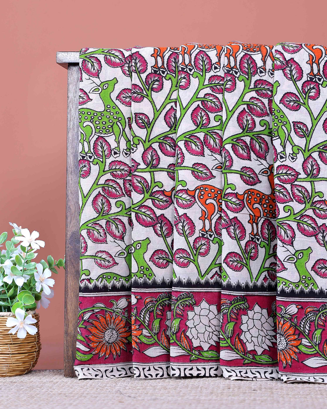 Traditional Handloom Kalamkari Cotton Saree with Deer and Tree of Life Motifs and Floral Border - Off White