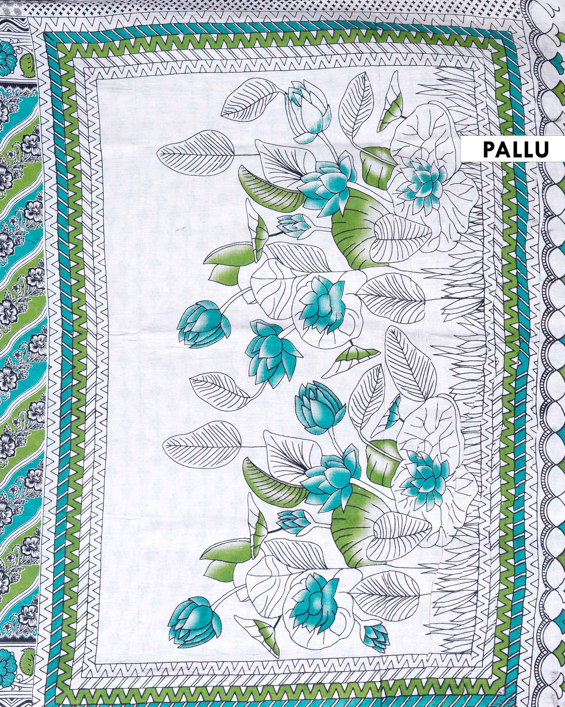 Traditional Handloom Kalamkari Cotton Saree with Diagonal Stripes and Floral Motifs - Multi