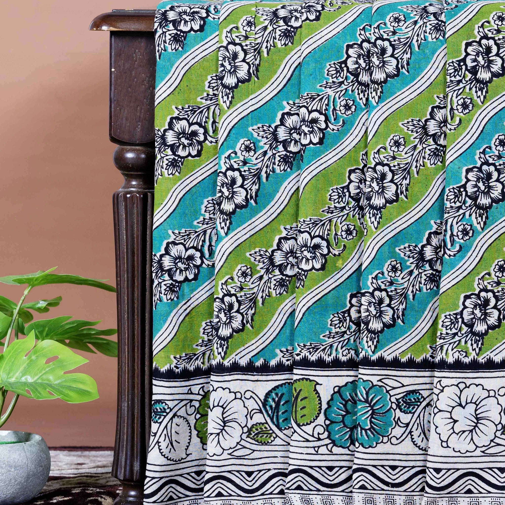 Traditional Handloom Kalamkari Cotton Saree with Diagonal Stripes and Floral Motifs - Multi