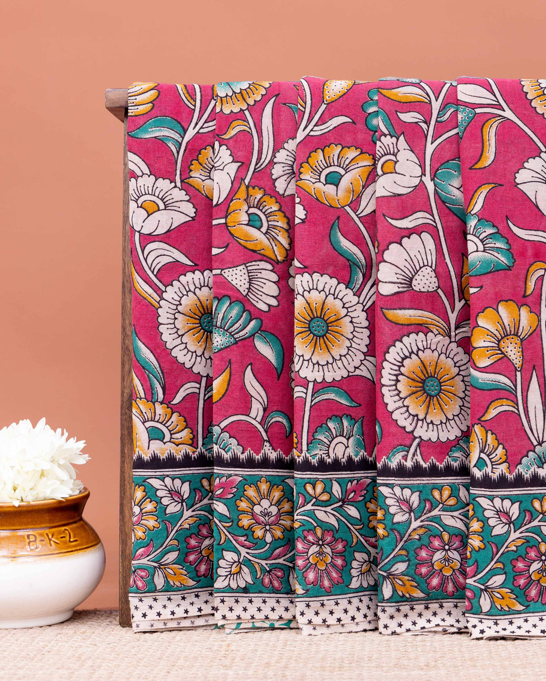 Traditional Handloom Kalamkari Cotton Saree with Floral Border - Pink