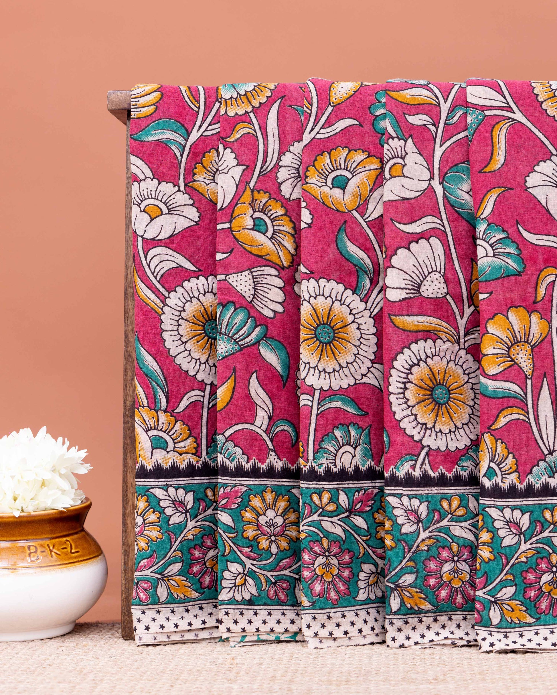 Traditional Handloom Kalamkari Cotton Saree with Floral Border - Pink