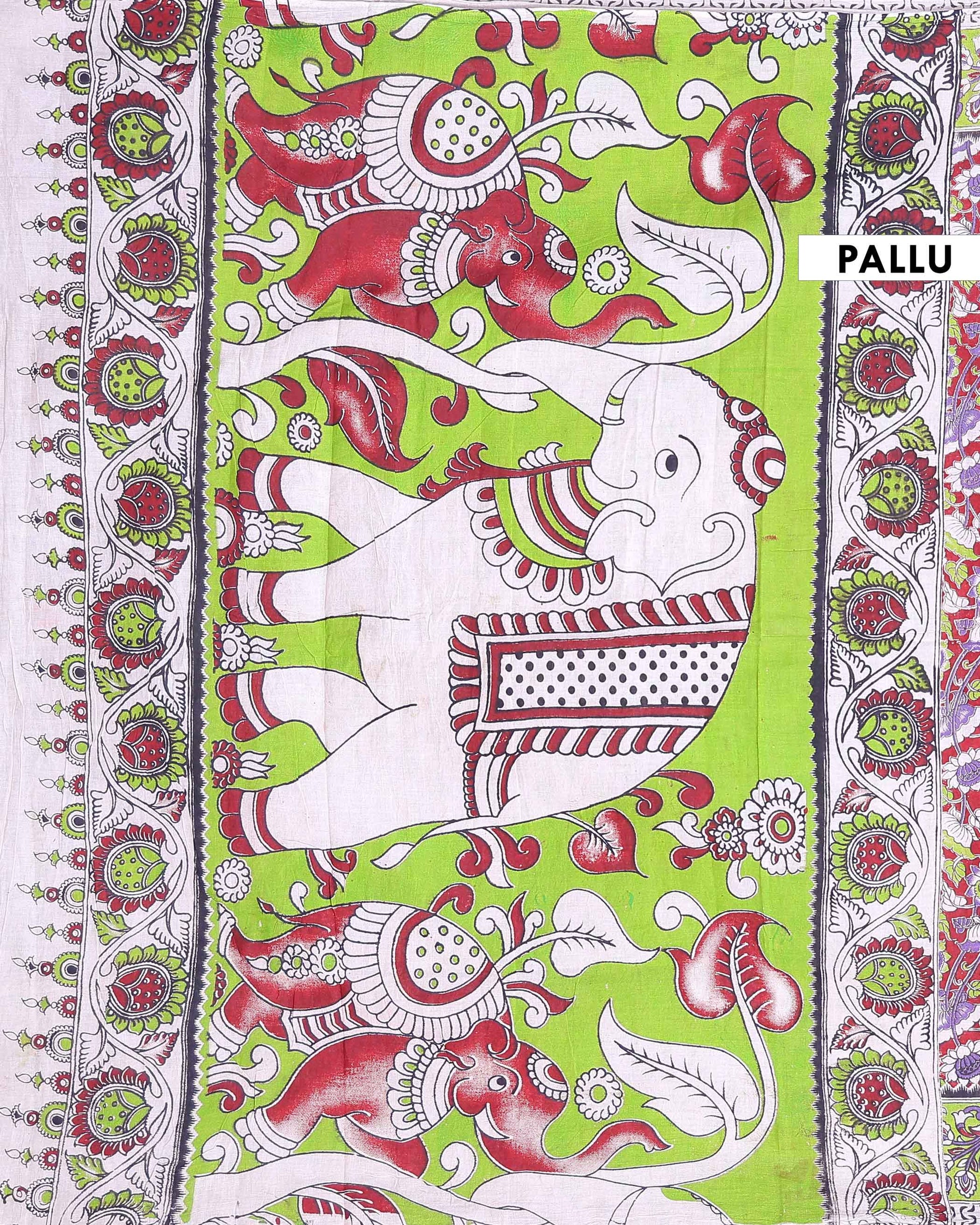 Traditional Handloom Kalamkari Cotton Saree with Floral Motifs - Red