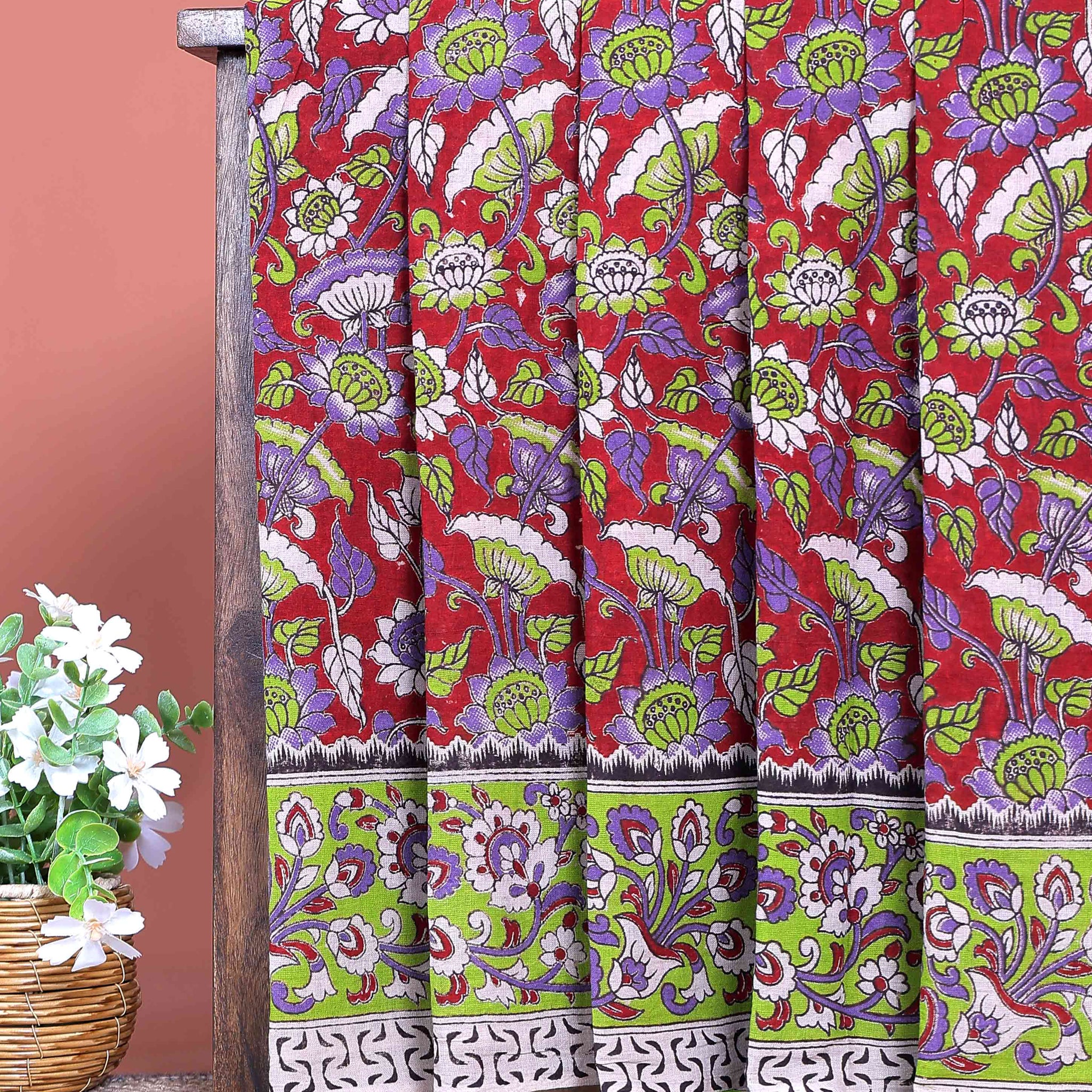 Traditional Handloom Kalamkari Cotton Saree with Floral Motifs - Red