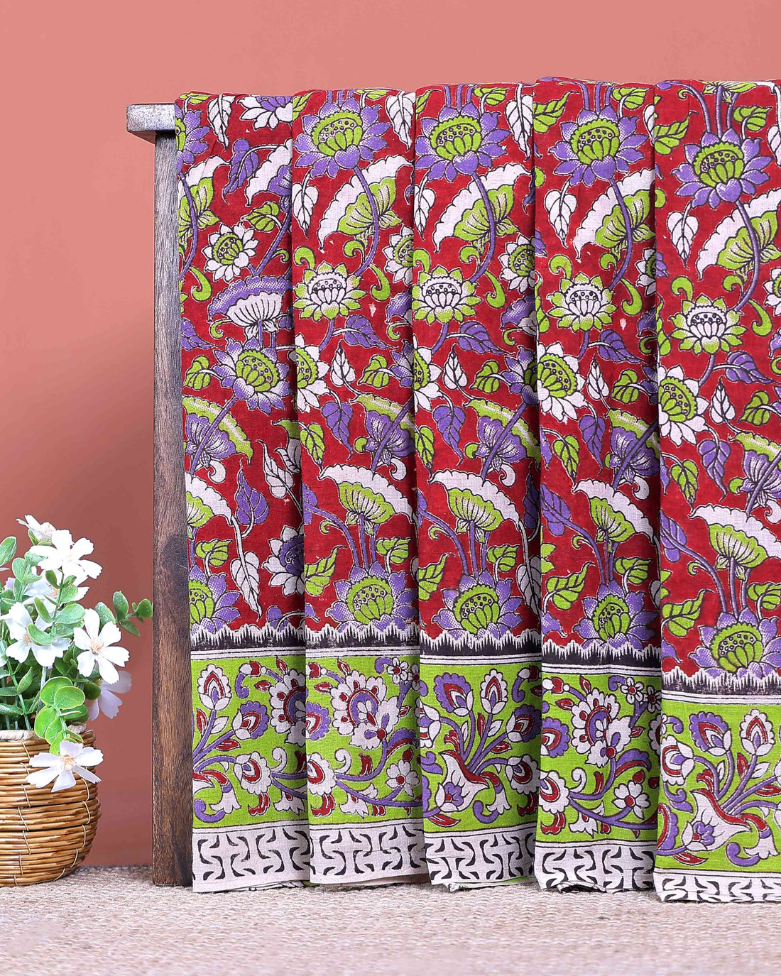 Traditional Handloom Kalamkari Cotton Saree with Floral Motifs - Red