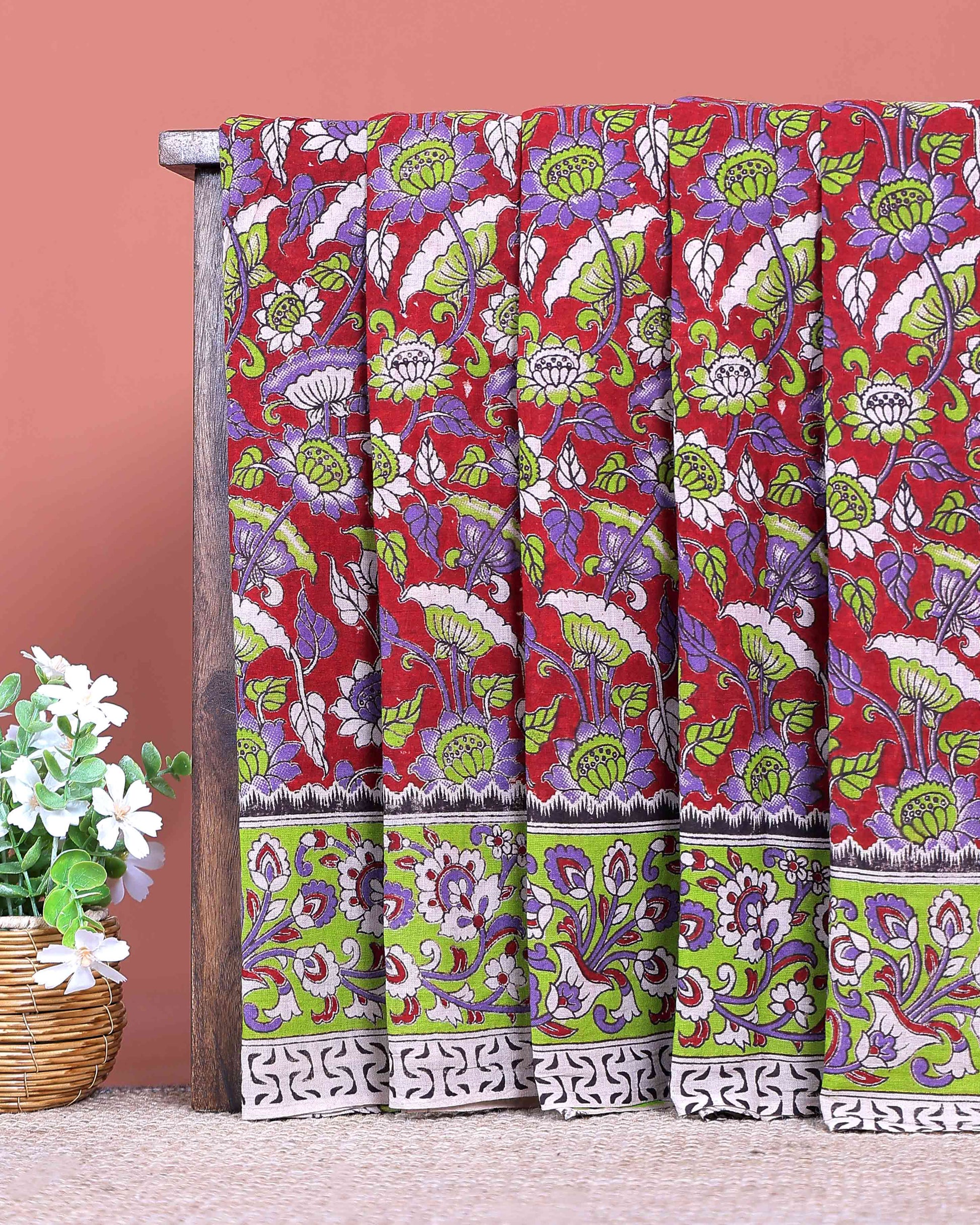 Traditional Handloom Kalamkari Cotton Saree with Floral Motifs - Red
