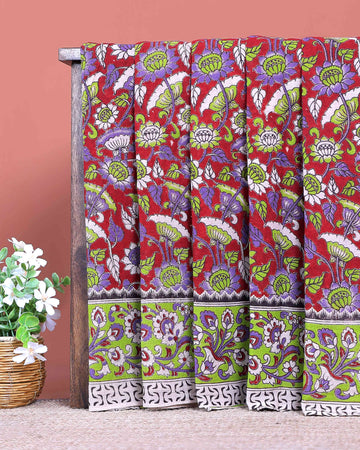 Traditional Handloom Kalamkari Cotton Saree with Floral Motifs - Red