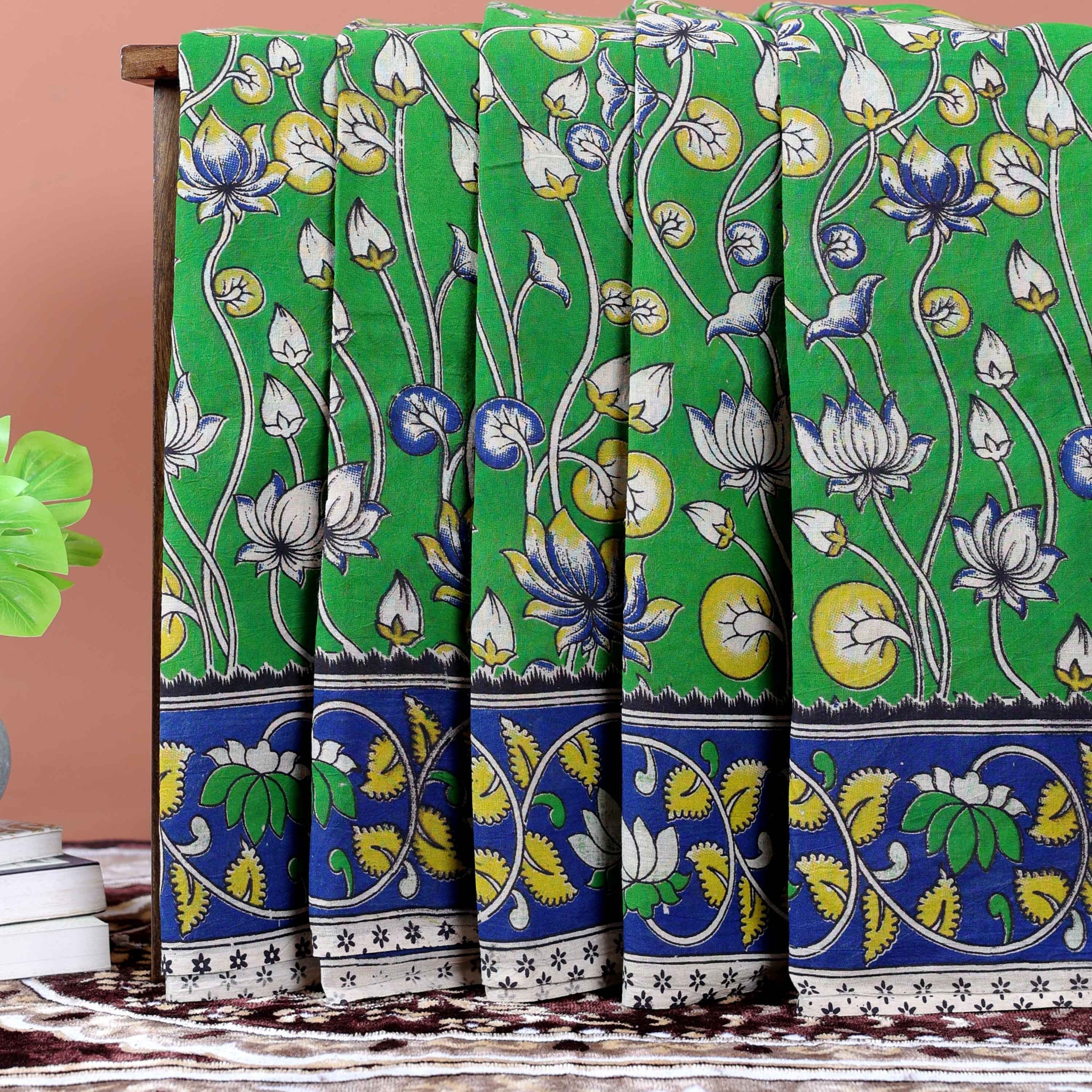 Traditional Handloom Kalamkari Cotton Saree with Floral and Avian Motifs - Green