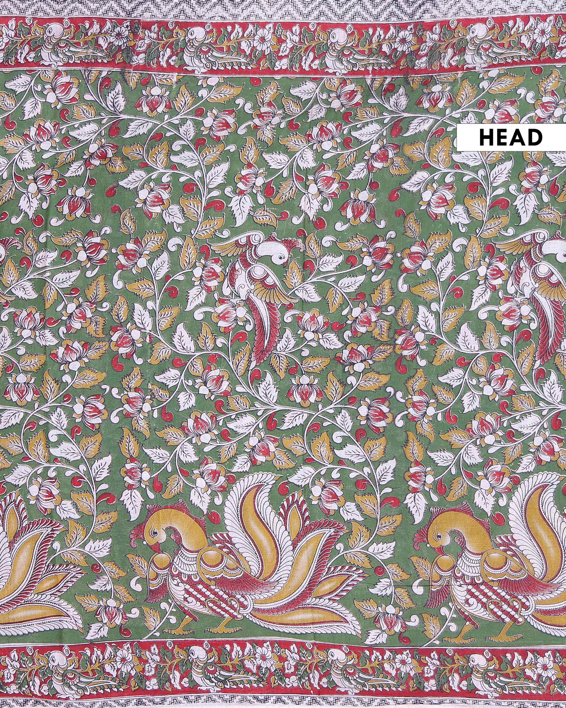 Traditional Handloom Kalamkari Cotton Saree with Intricate Avian and Floral Motifs - Green