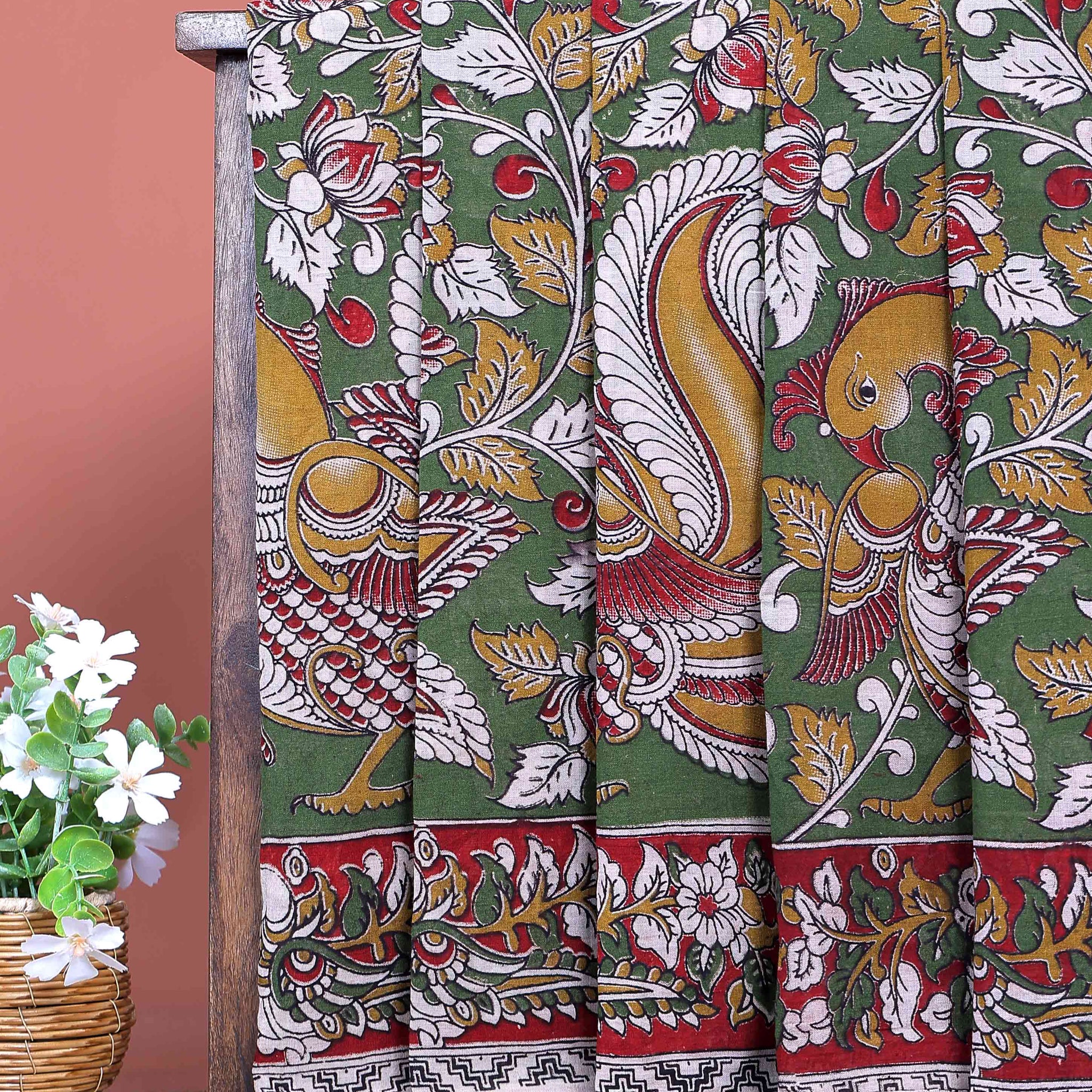 Traditional Handloom Kalamkari Cotton Saree with Intricate Avian and Floral Motifs - Green