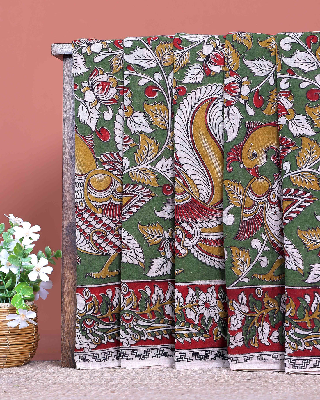 Traditional Handloom Kalamkari Cotton Saree with Intricate Avian and Floral Motifs - Green