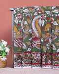 Traditional Handloom Kalamkari Cotton Saree with Intricate Avian and Floral Motifs - Green