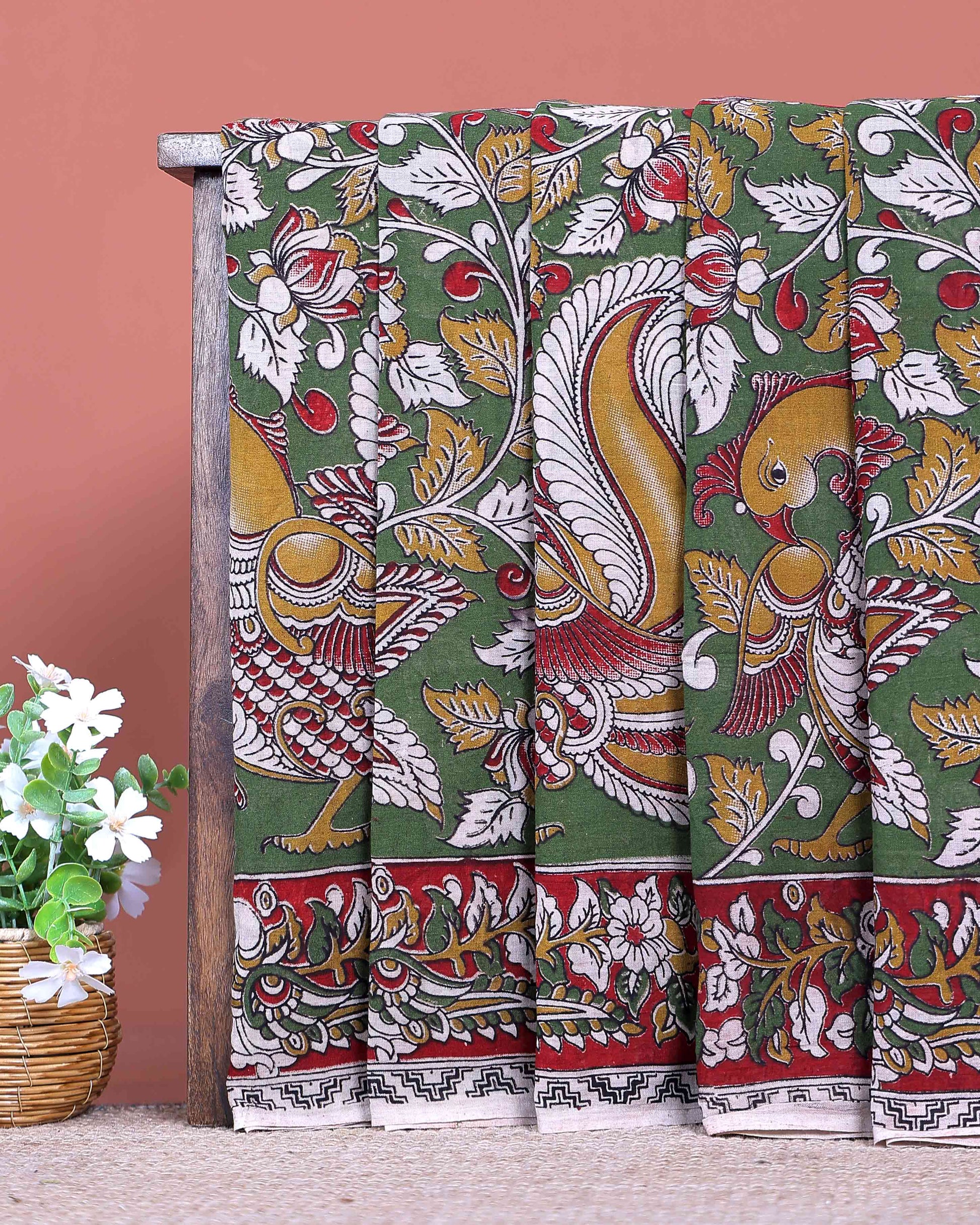 Traditional Handloom Kalamkari Cotton Saree with Intricate Avian and Floral Motifs - Green