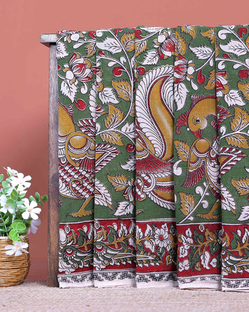 Traditional Handloom Kalamkari Cotton Saree with Intricate Avian and Floral Motifs - Green