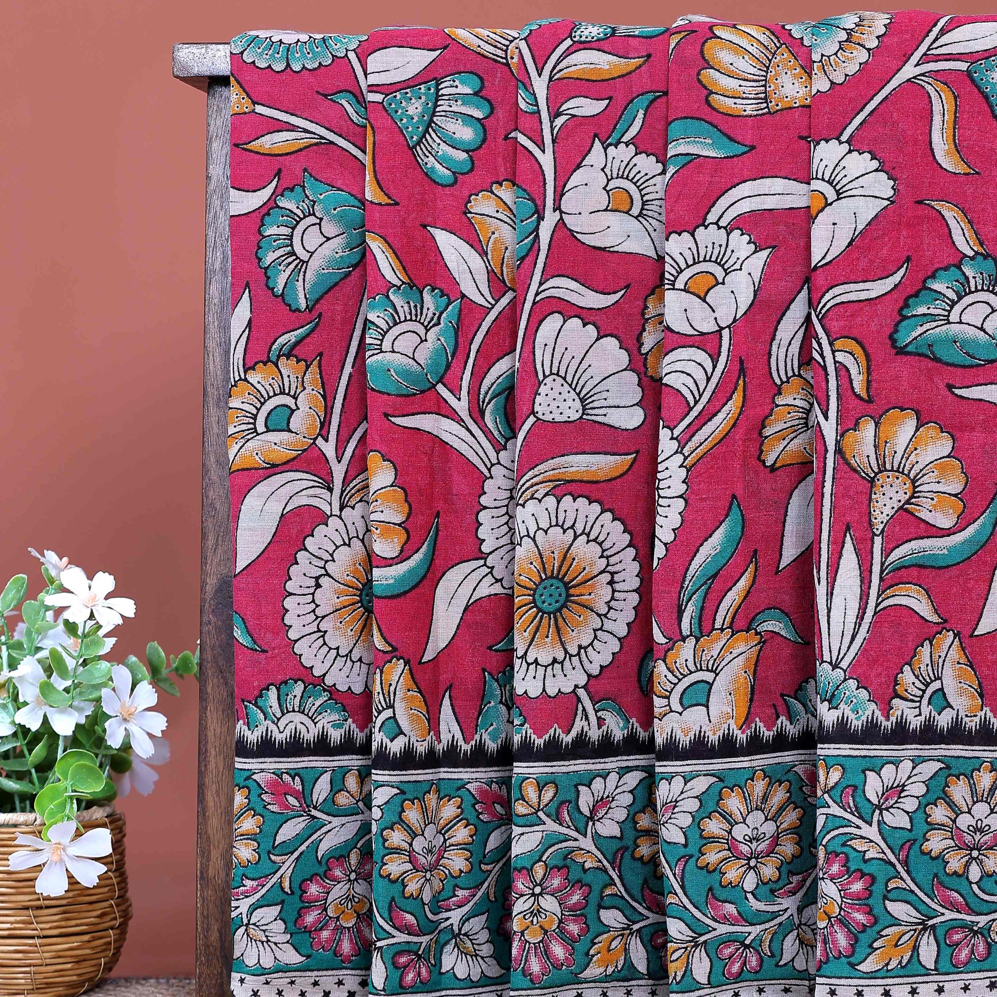 Traditional Handloom Kalamkari Cotton Saree with Intricate Floral Artwork and Traditional Border - Red