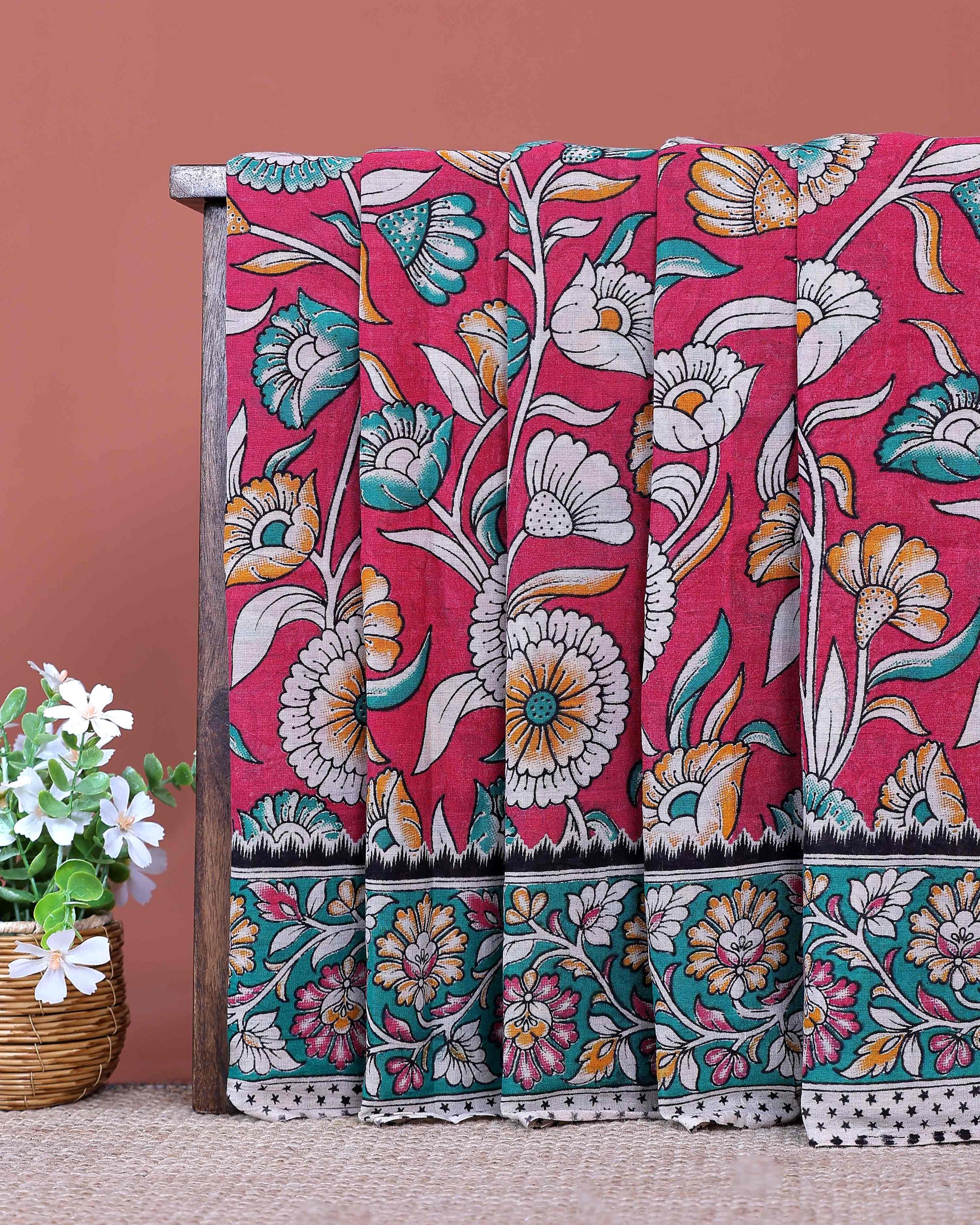 Traditional Handloom Kalamkari Cotton Saree with Intricate Floral Artwork and Traditional Border - Red