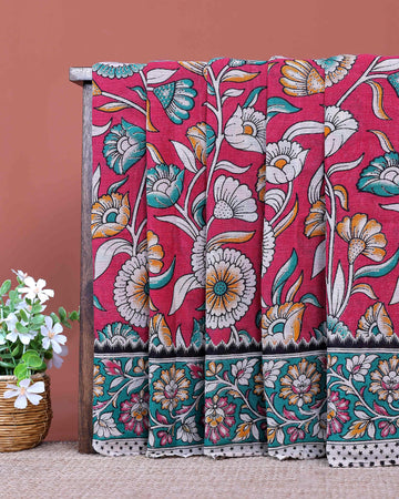 Traditional Handloom Kalamkari Cotton Saree with Intricate Floral Artwork and Traditional Border - Red