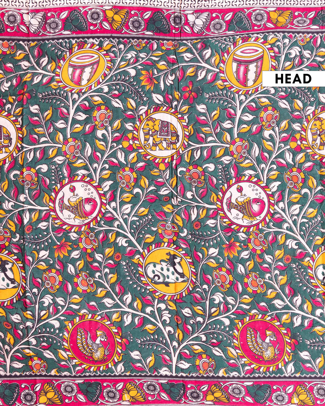 Traditional Handloom Kalamkari Cotton Saree with Intricate Floral and Avian Motifs - Dark Green